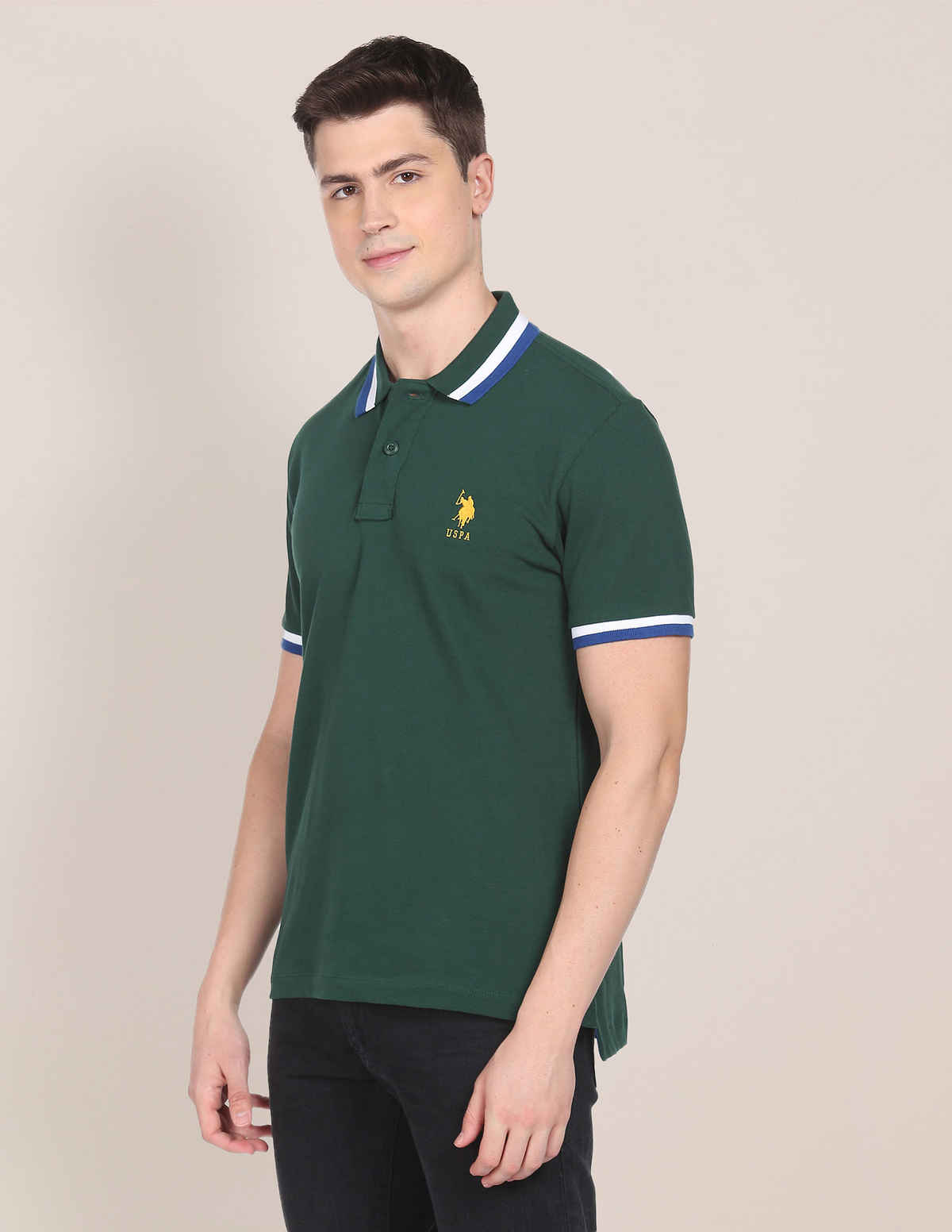 USPA Heritage Tipped Cotton Polo T Shirt For Men - Dark Green - XL