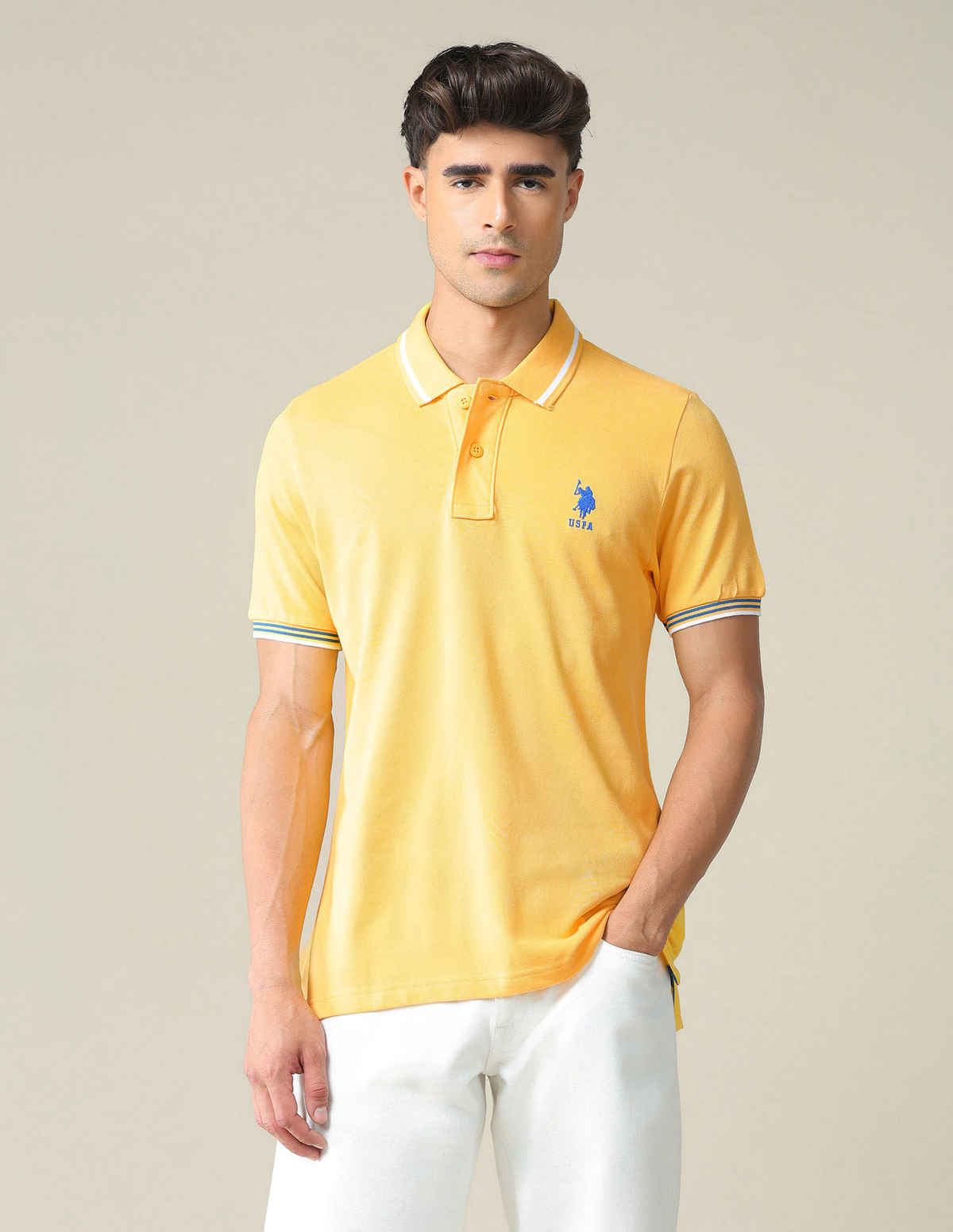 USPA Striped Collar Pique Cotton Polo T Shirt For Men - Mustard - L