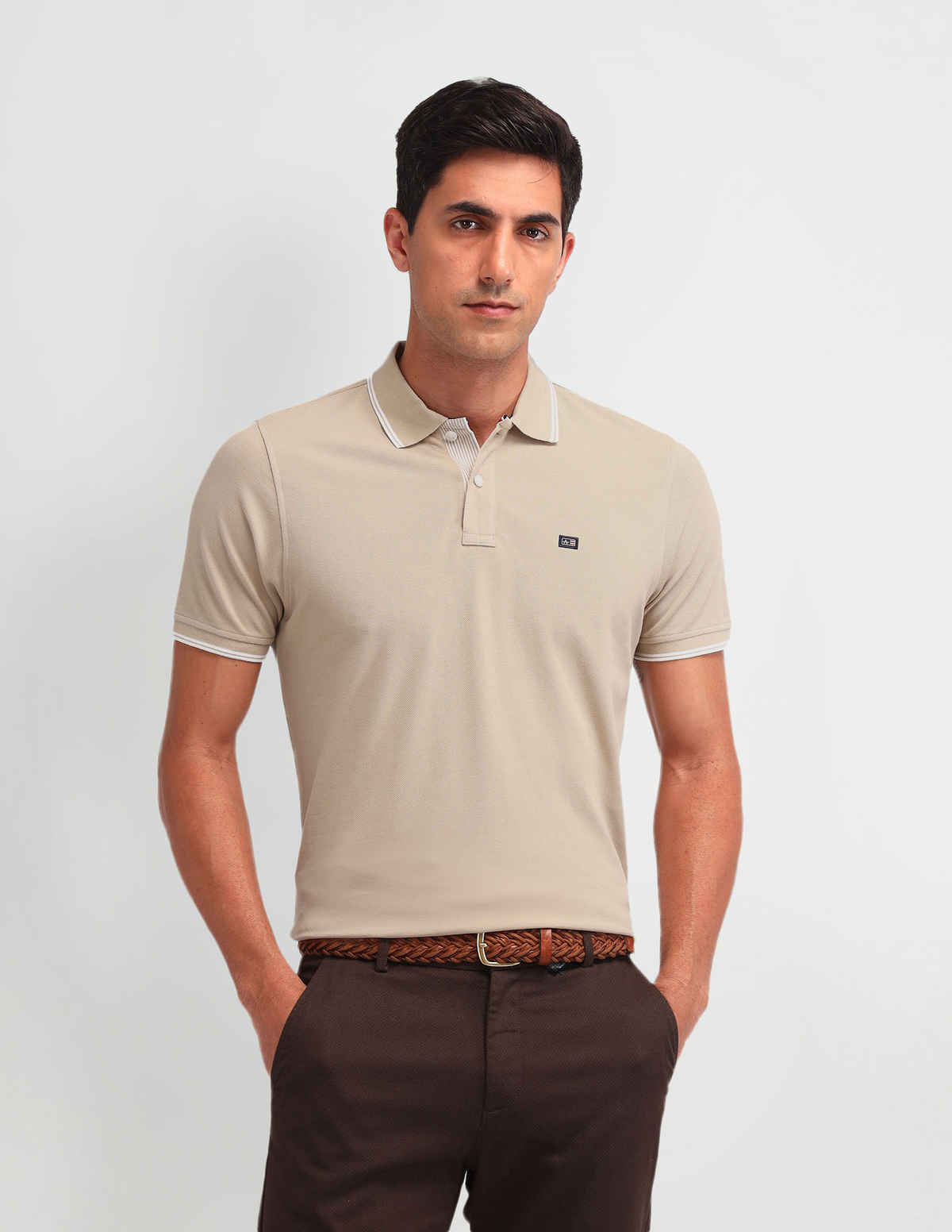 Arrow's Men Sports Tipped Solid Pique Polo Shirt | Beige - L
