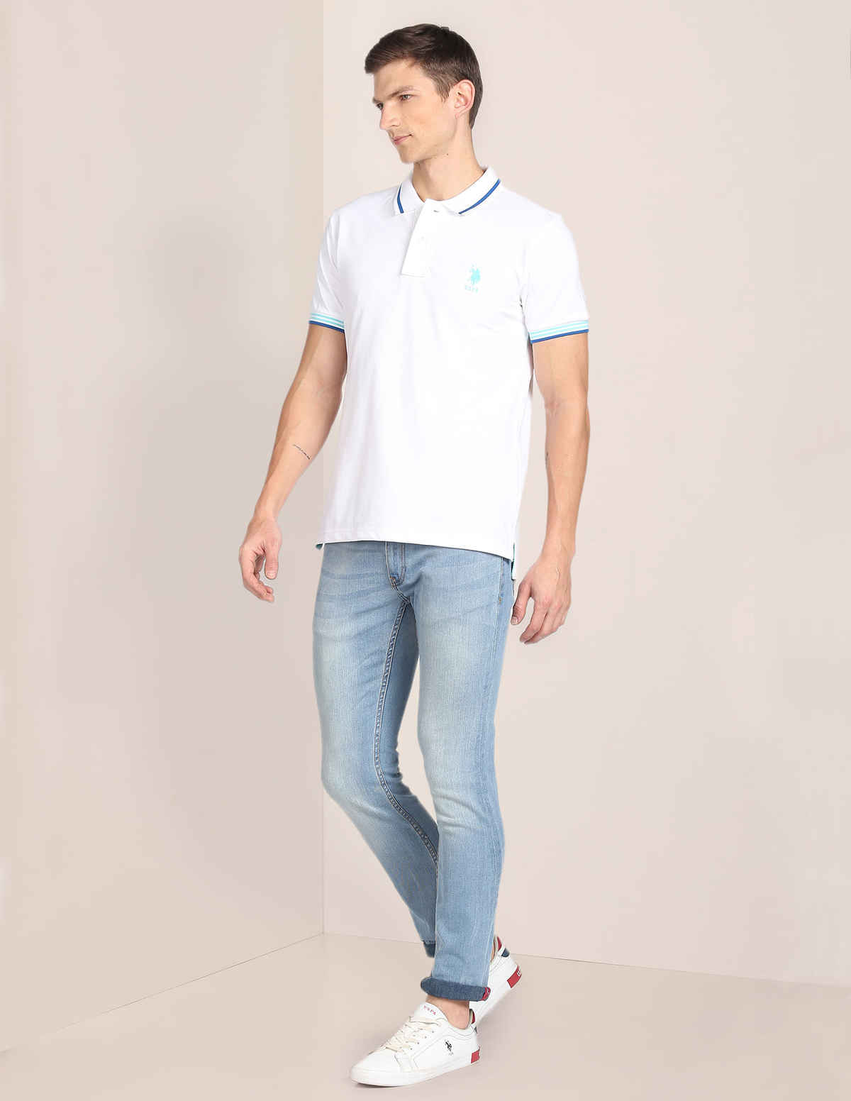 U.S. Polo Assn. Men's Striped Hem Cotton Polo Shirt | White - XXL