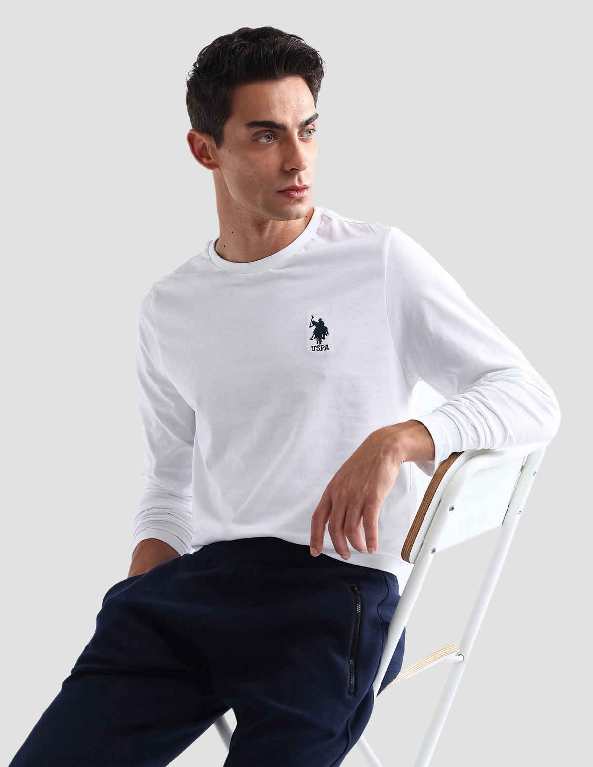 USPA Pure Cotton Long Sleeve Lounge T - Shirt For Men - White - XL