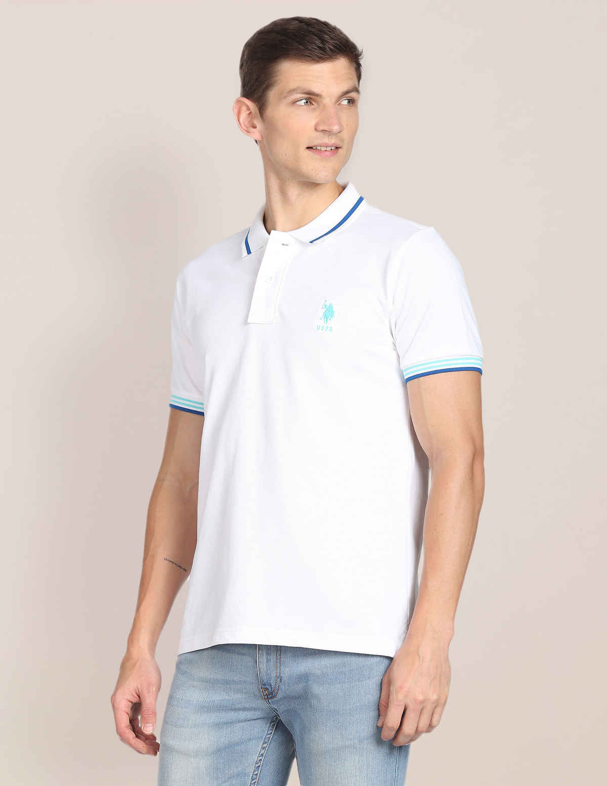 U.S. Polo Assn. Men's Striped Hem Cotton Polo Shirt | White - XXL