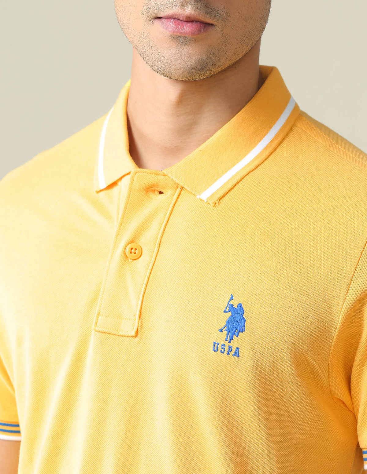 USPA Striped Collar Pique Cotton Polo T Shirt For Men - Mustard - L
