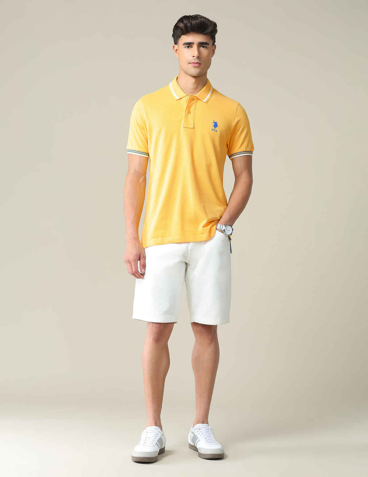 USPA Striped Collar Pique Cotton Polo T Shirt For Men - Mustard - L