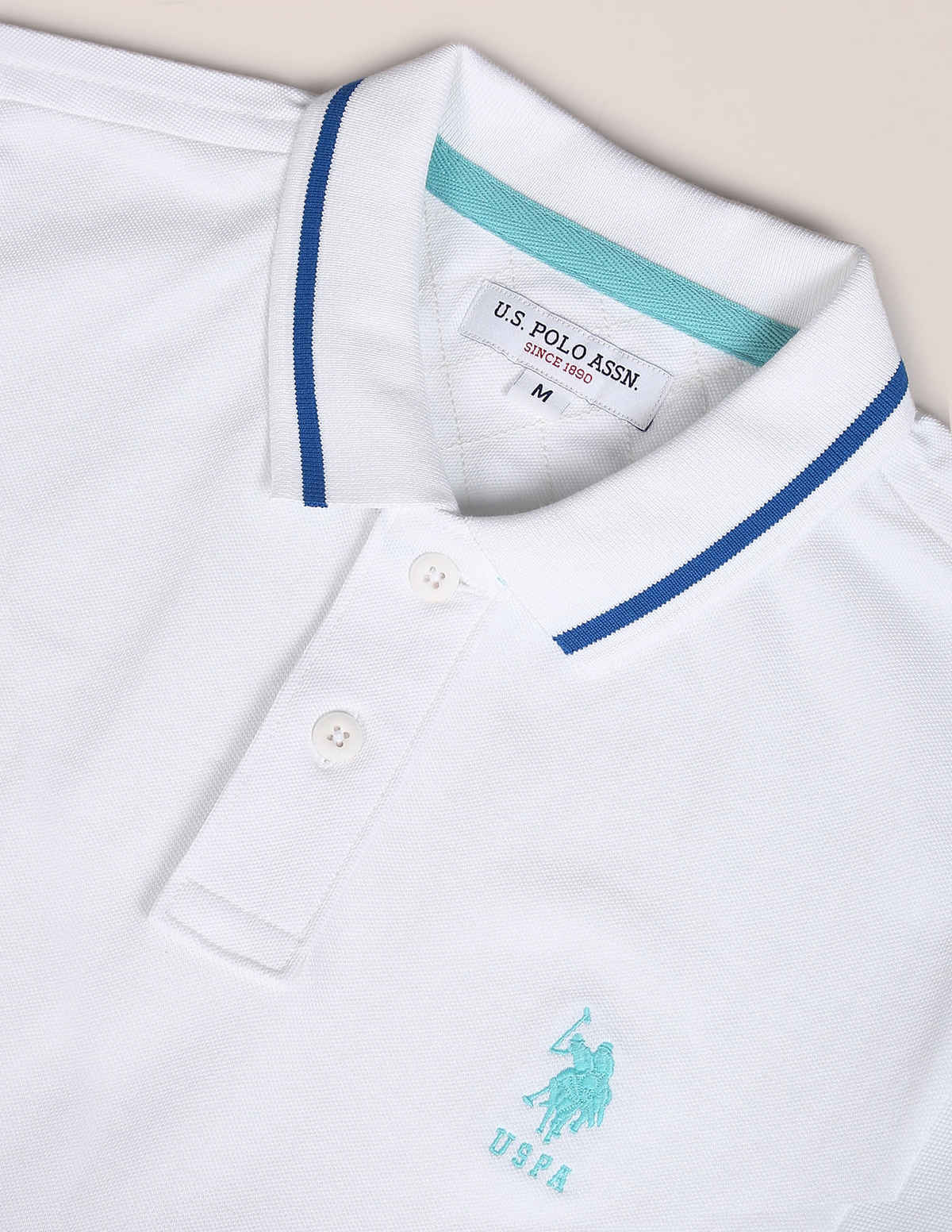USPA Men's Striped Hem Cotton Polo T Shirt - Regular Fit - White - XL