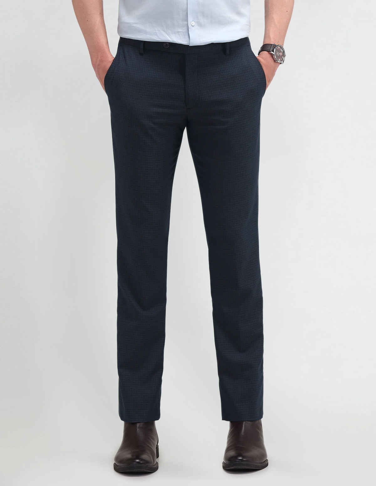 Arrow Men's Formal Tapered Fit Checked Trousers | Black - 32