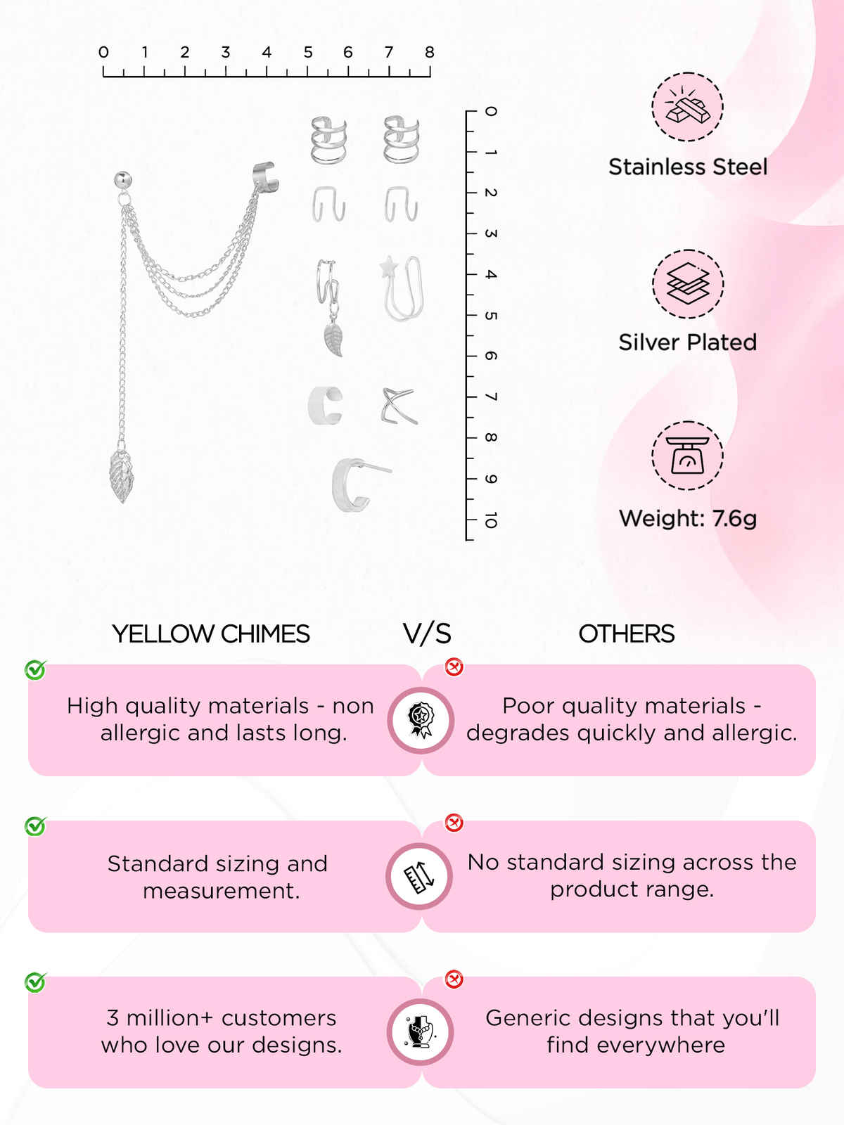 Yellow Chimes Earrings | Silver Ear Cuff Set | Stainless Steel Combo