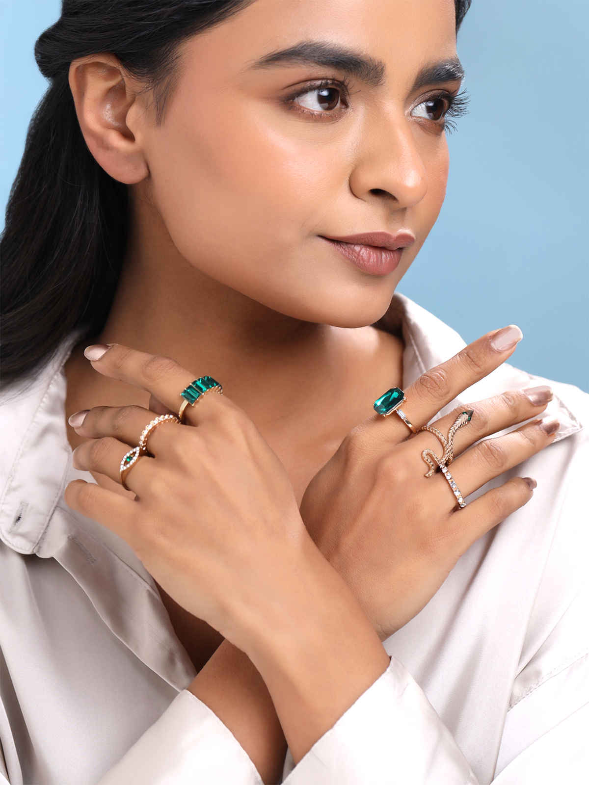 Unwind By Yellow Chimes Set Of 6 Gold-Plated Crystal-Studded Snake Designed Finger Rings