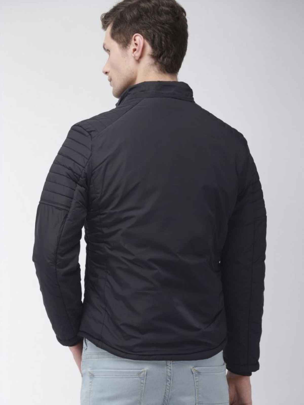 The Indian Garage Co Men Slim Fit Solid High Neck Long Sleeves Jackets | Navy Blue - M