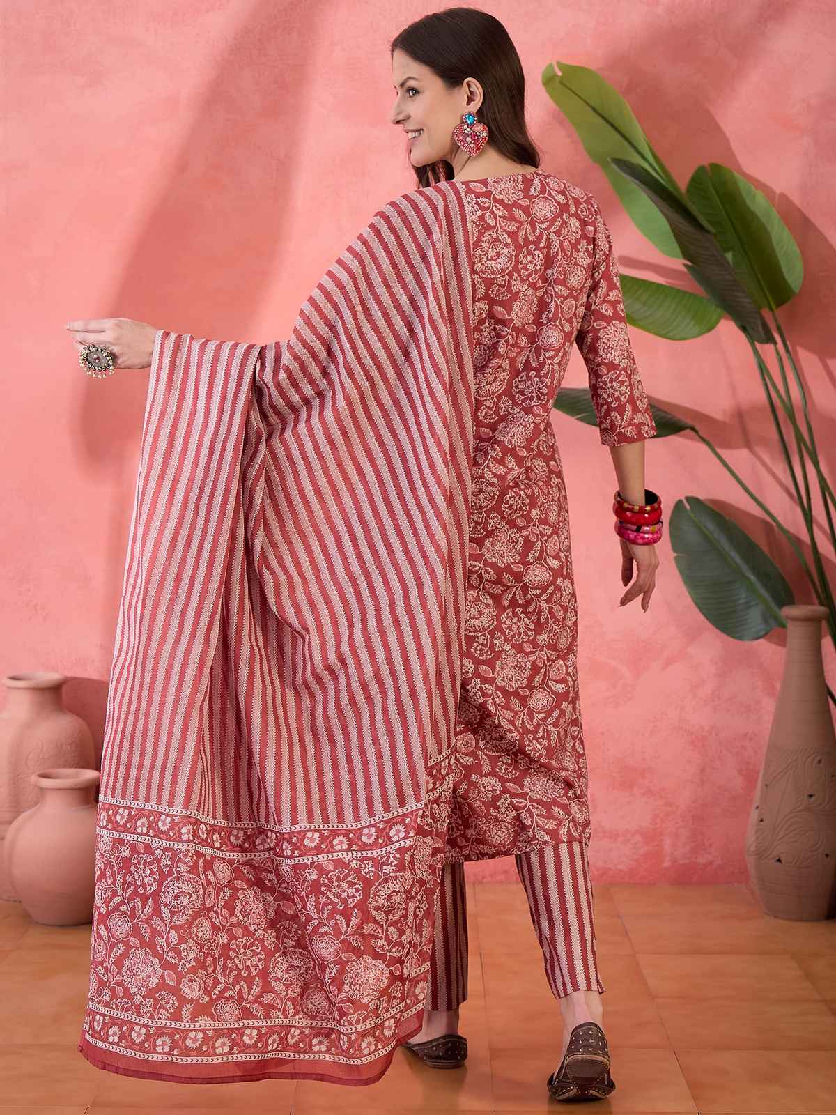 Rangdeep Floral Printed V Neck Pure Cotton Kurta With Trousers & Dupatta for Women s | Red | S