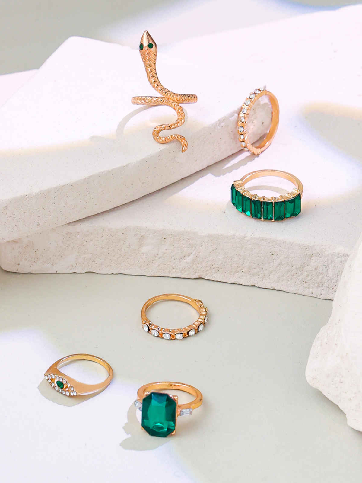 Unwind By Yellow Chimes Set Of 6 Gold-Plated Crystal-Studded Snake Designed Finger Rings