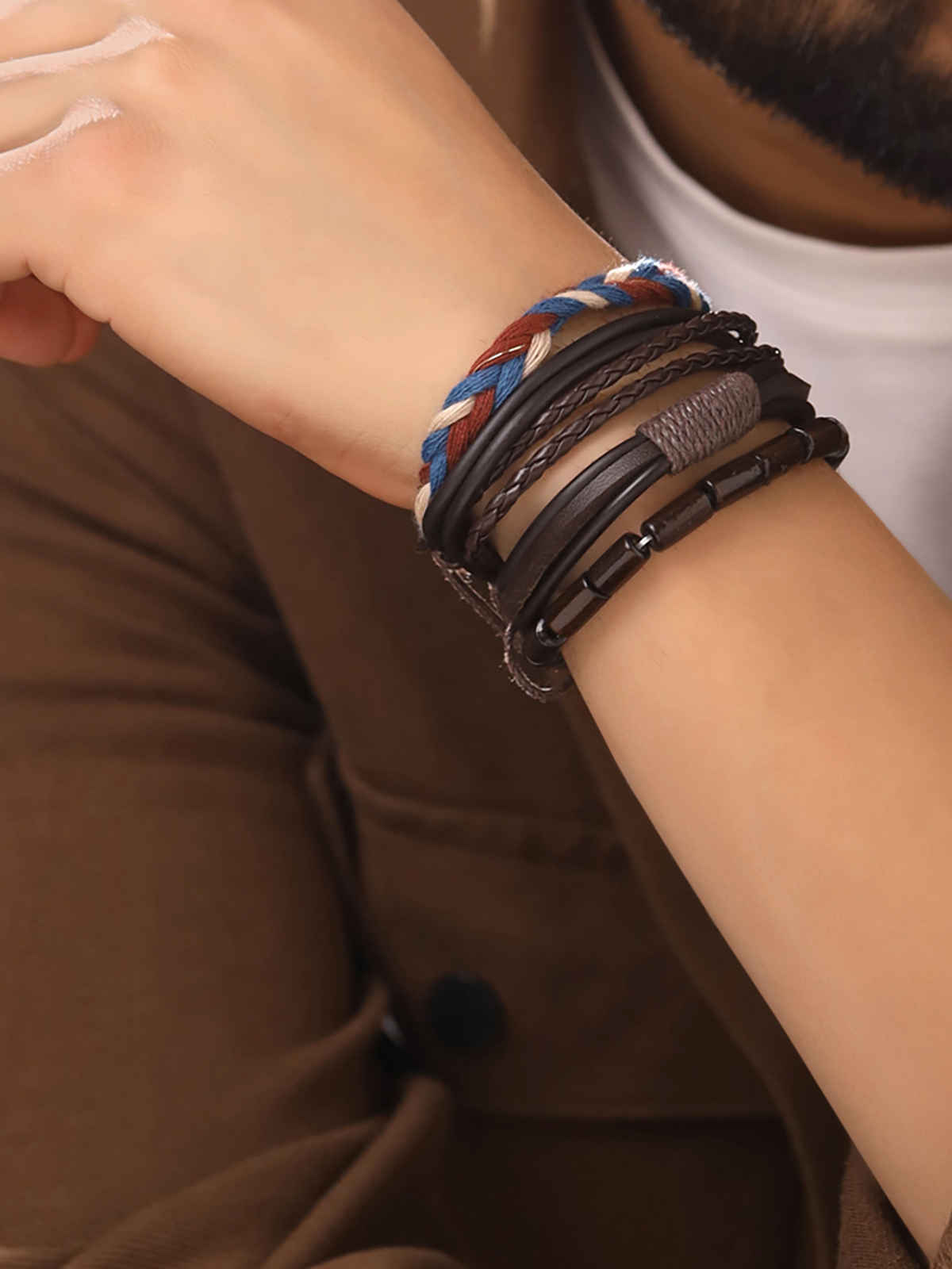 Yellow Chimes PU Leather Brown Wrap Bracelet Set for Men