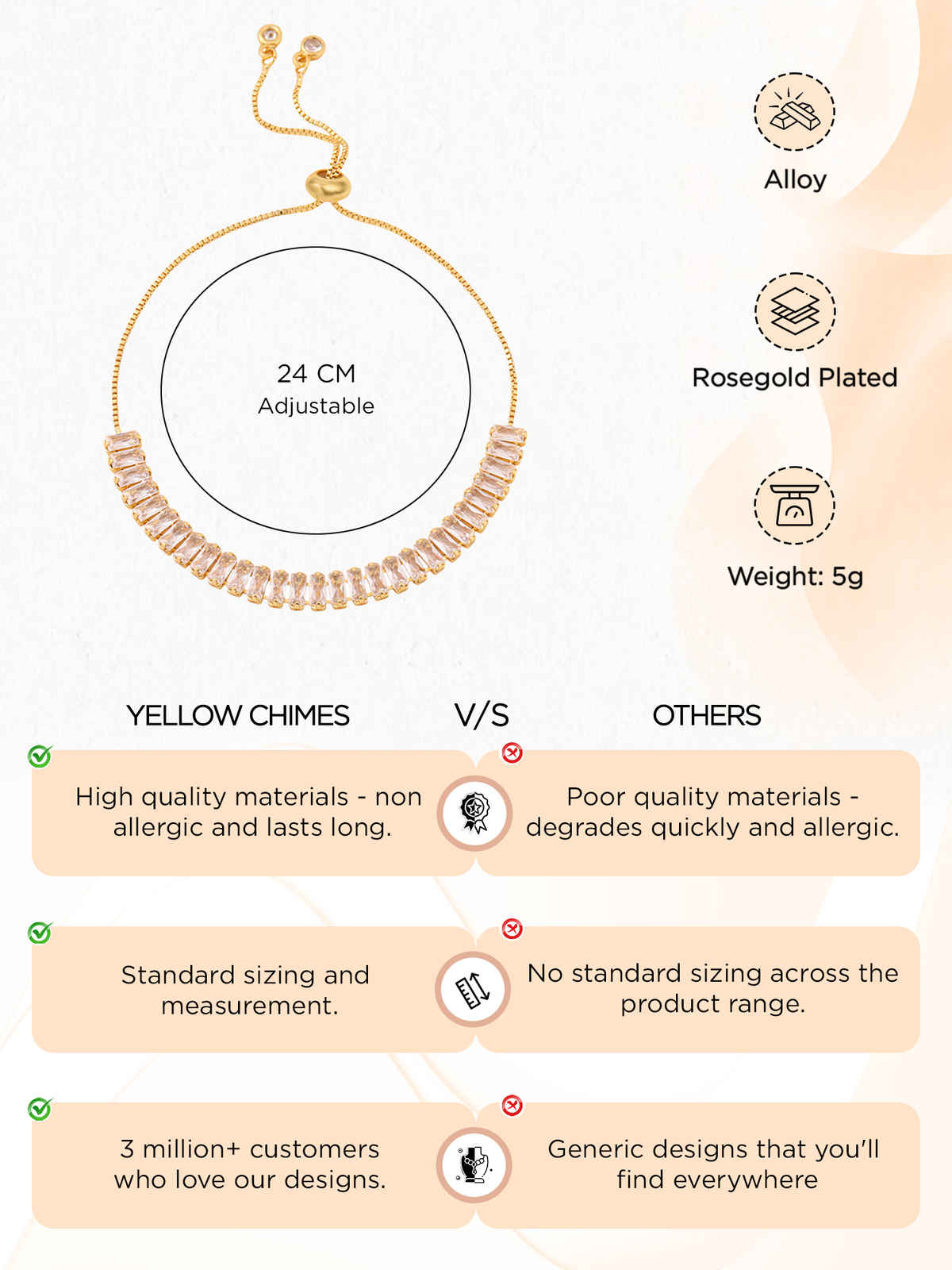 Yellow Chimes Rose Gold Adjustable Tennis Bracelet for Women