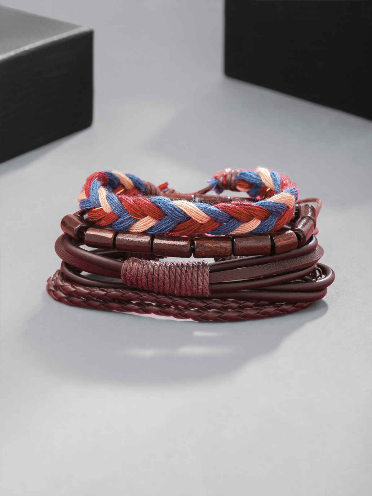 Yellow Chimes PU Leather Brown Wrap Bracelet Set for Men