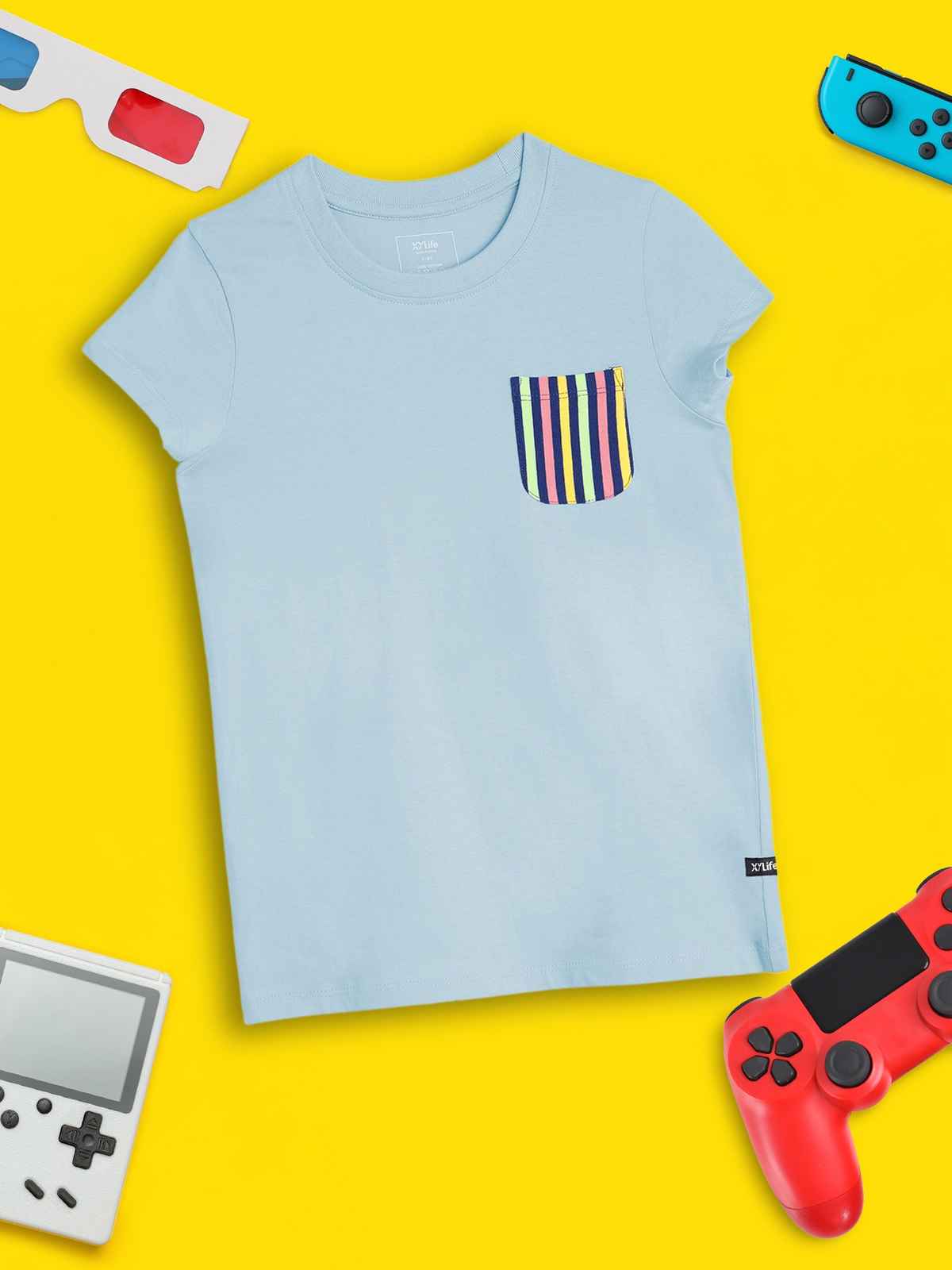 XY Life Girl's Arcade Intelliease Combed Cotton T-shirt | Ice Blue - 13 to 14 years