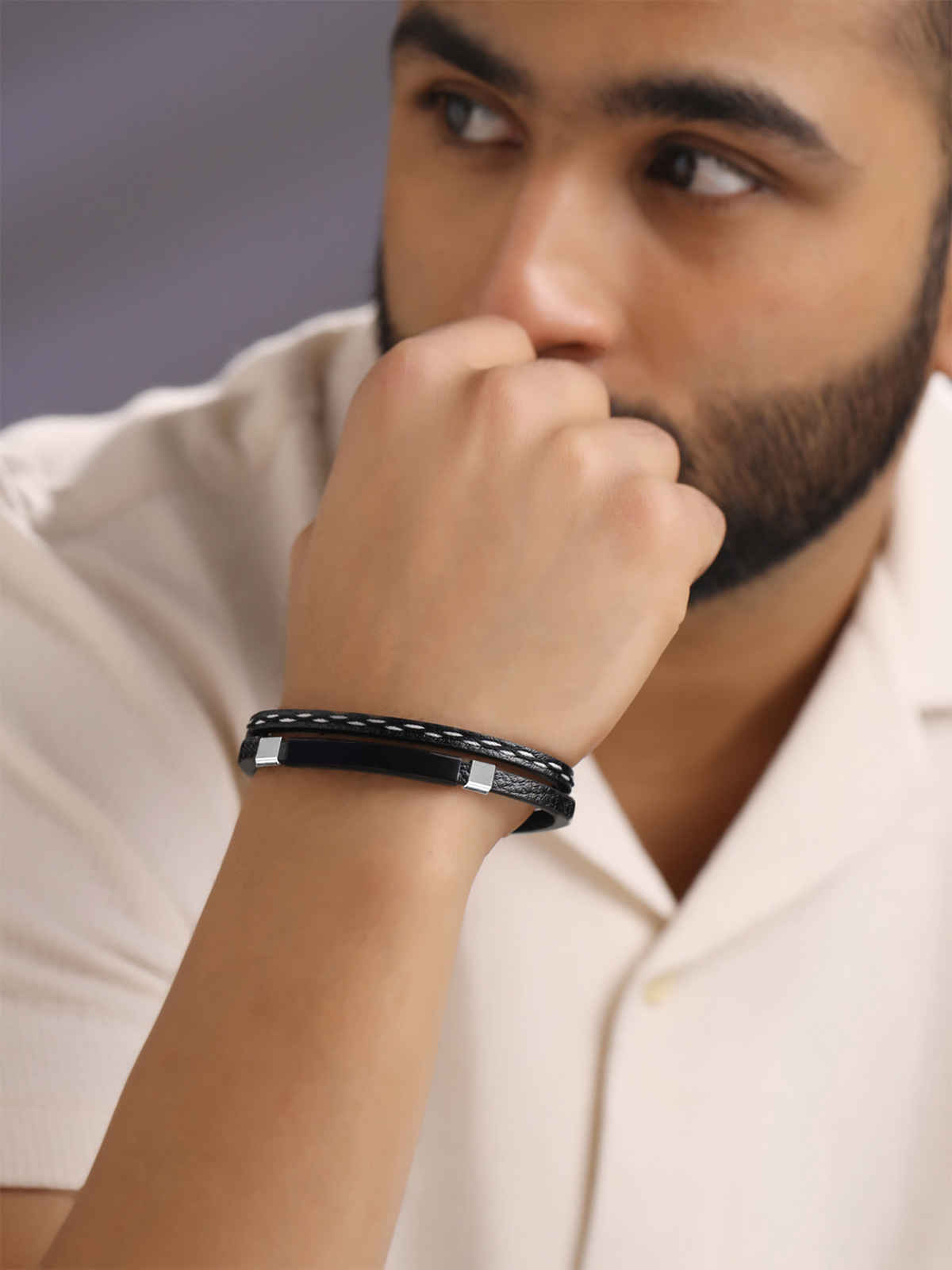 Yellow Chimes Black Leather Adjustable Anchor Wrist Band for Men