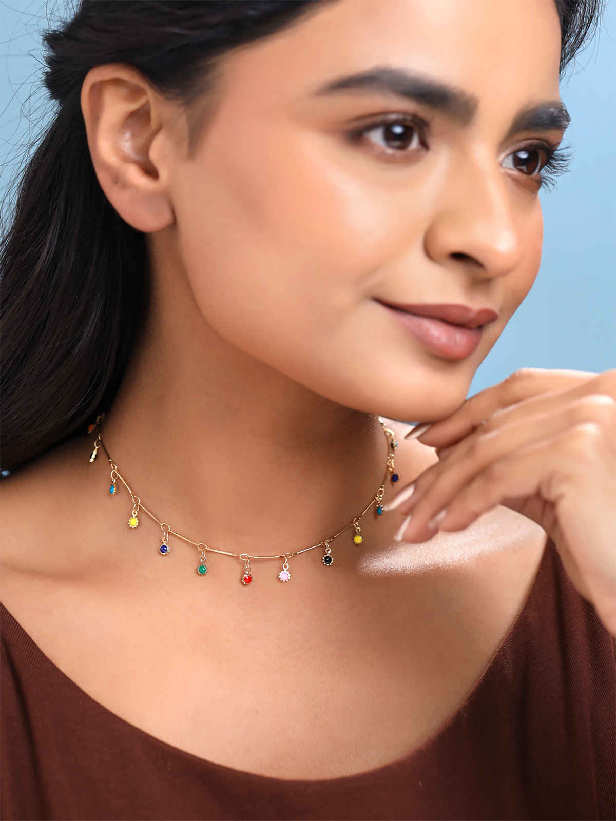 Yellow Chimes Gold-Toned & Blue Stone Studded Necklace