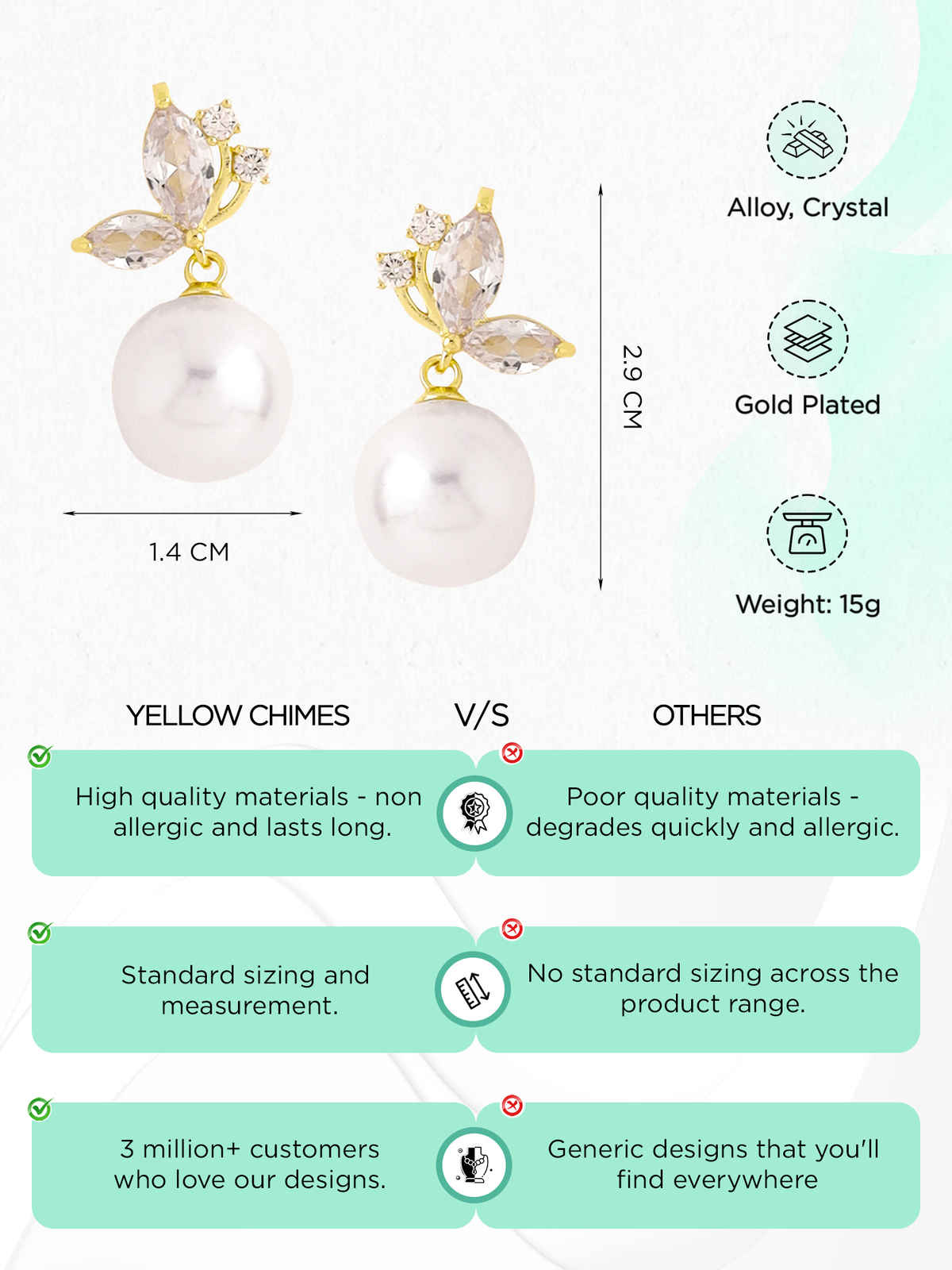 Yellow Chimes Butterfly Stud Earrings with White Pearl Drop for Women & Girls