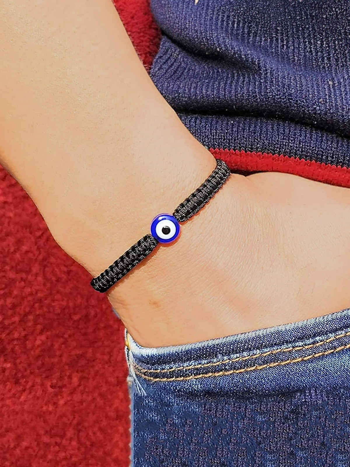 Yellow Chimes Unisex Black & Blue Evil Eye Bead Wraparound Bracelet