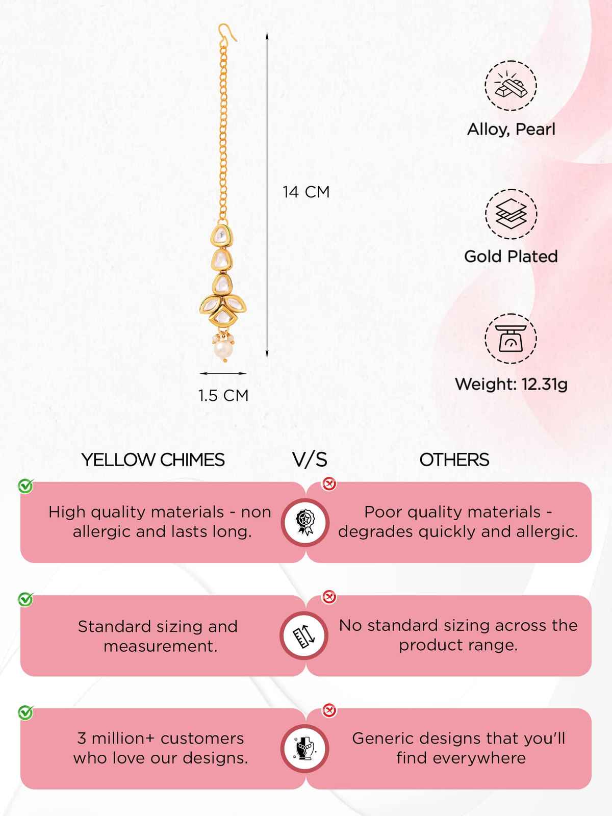 Yellow Chimes Gold Toned Kundan Studded Maangtikka for Women