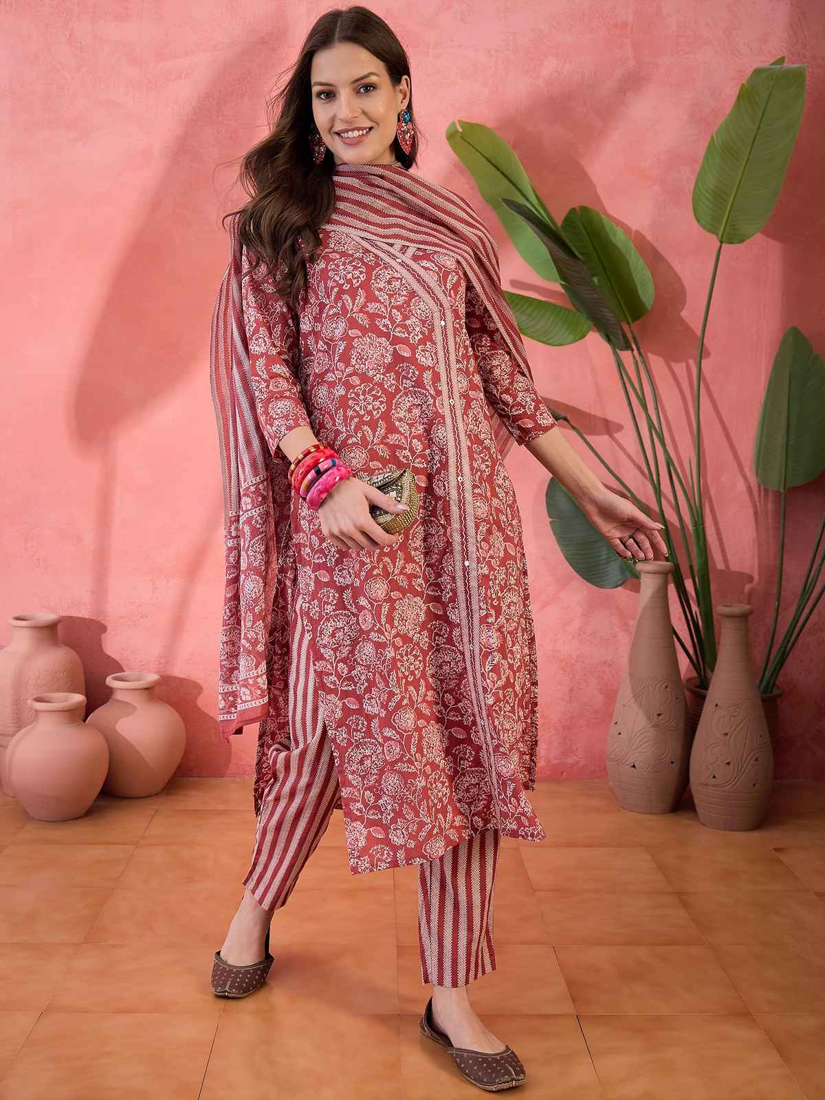 Rangdeep Floral Printed V Neck Pure Cotton Kurta With Trousers & Dupatta for Women s | Red | S