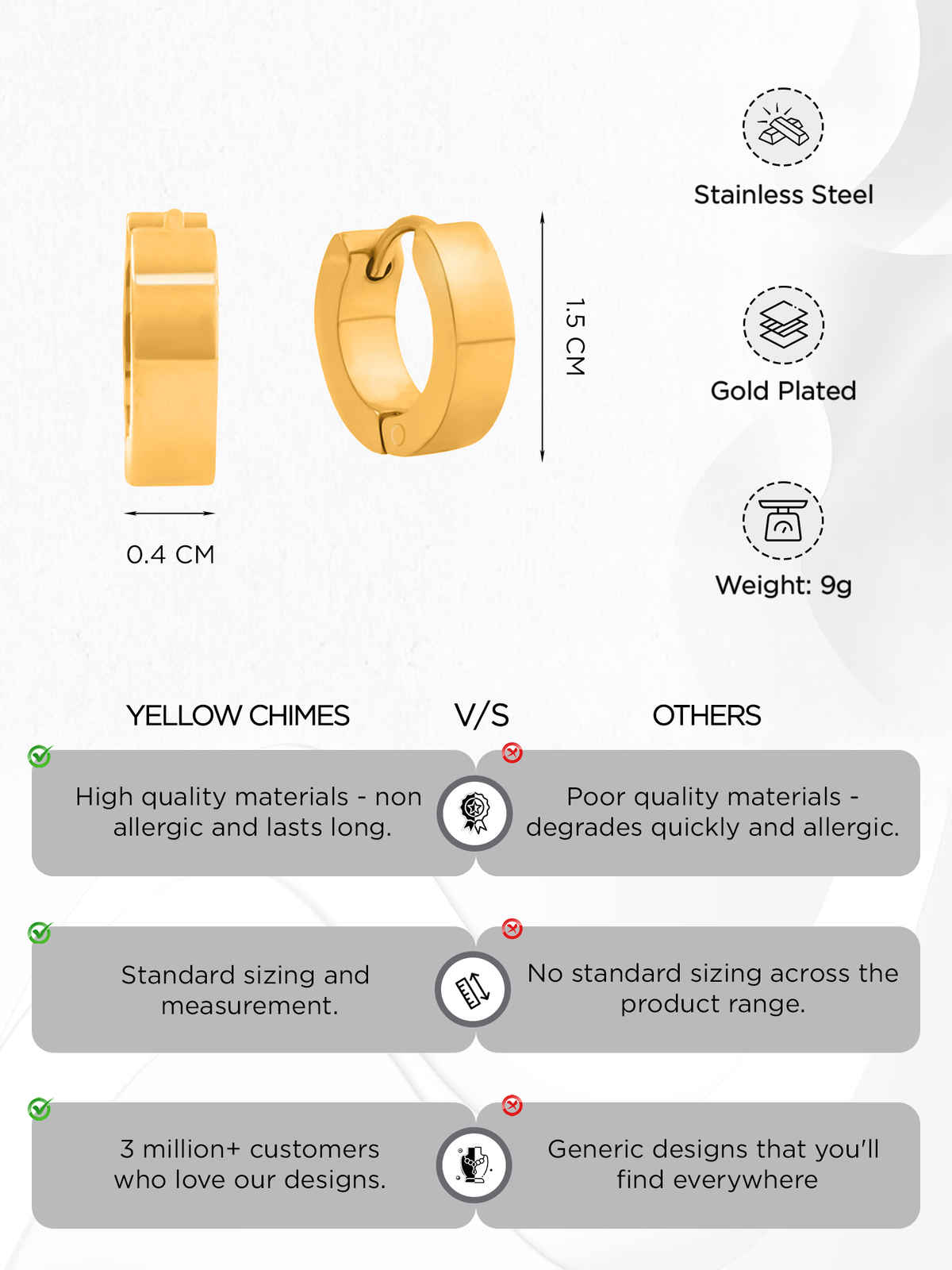 Yellow Chimes Gold Plated Smooth Finished Huggie Hoop Earrings for Men