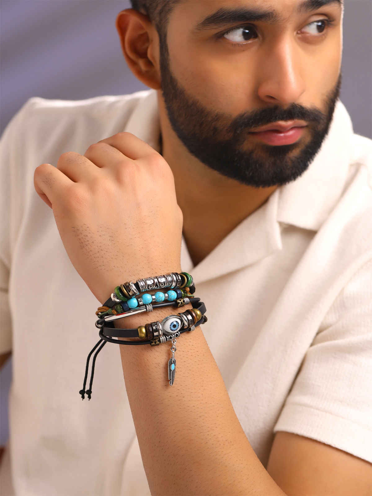 Yellow Chimes Unisex Evil Eye Black & Blue Leather Wraparound Bracelet