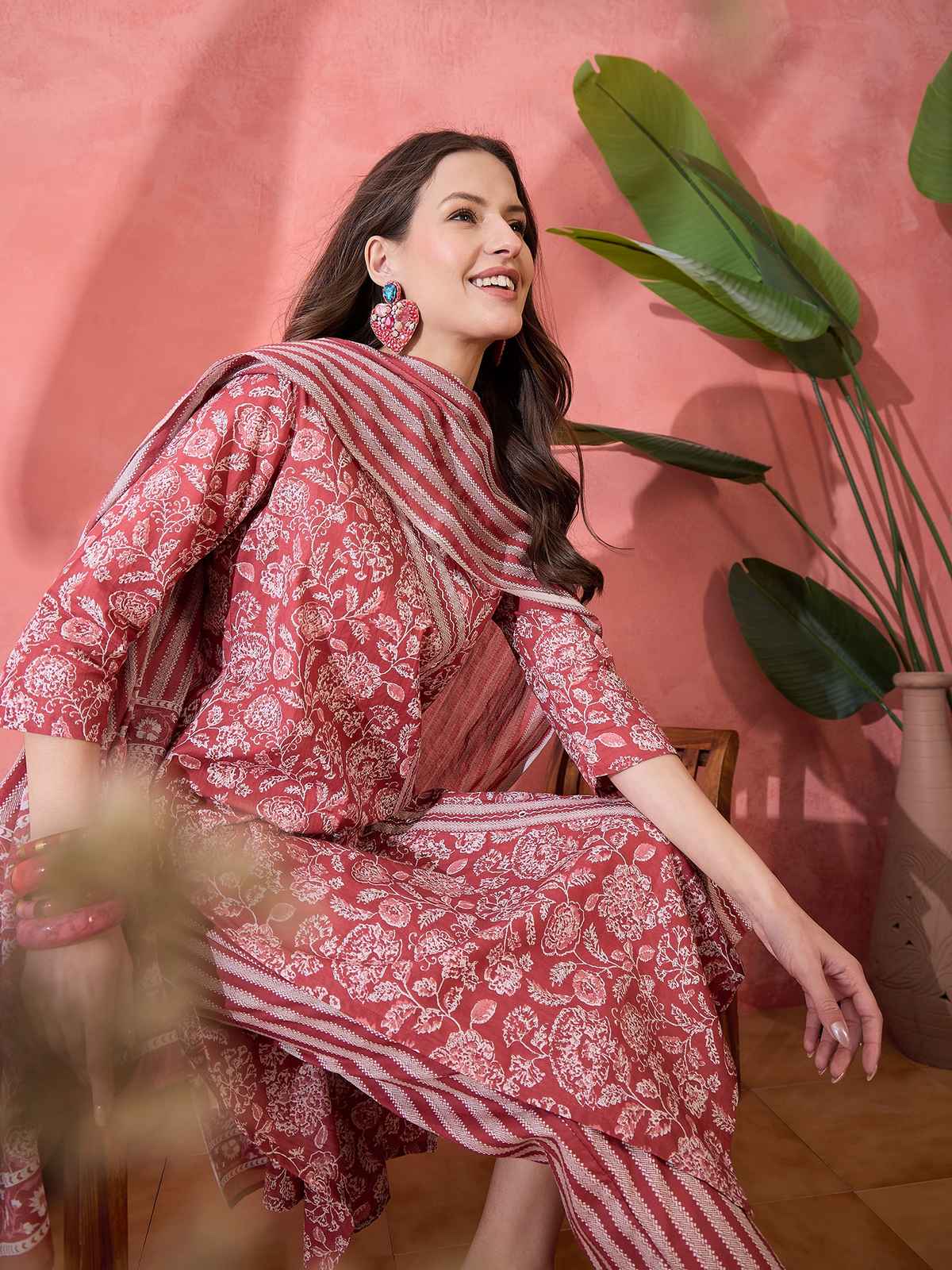 Rangdeep Floral Printed V Neck Pure Cotton Kurta With Trousers & Dupatta for Women s | Red | S