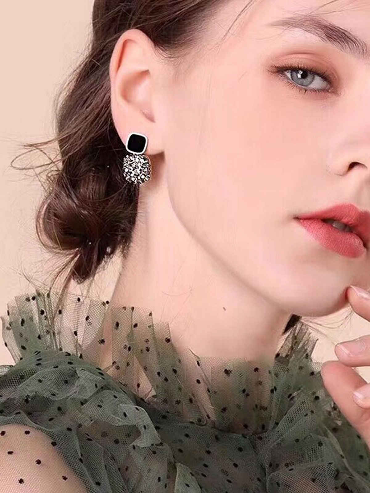 Yellow Chimes Black Stone Studded Geometric Drop Earrings for Women