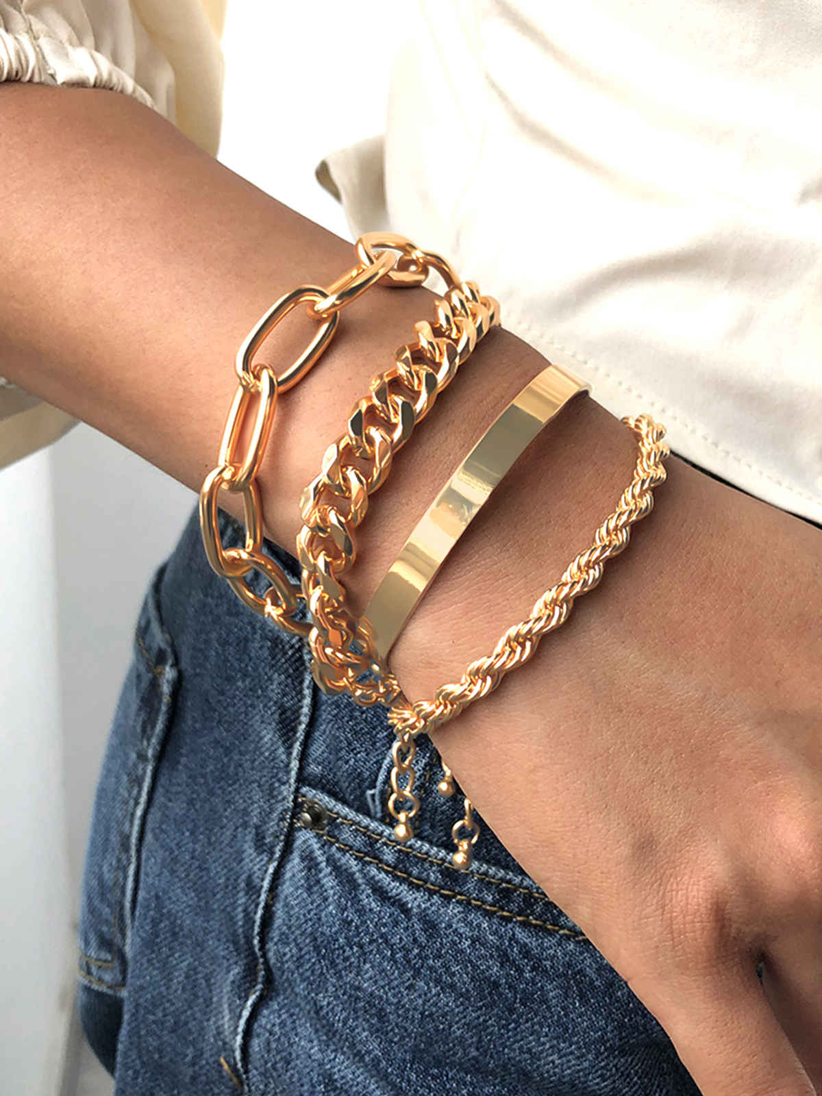 Yellow Chimes Women Set Of 4 Combo Multilayer Stack Style Chain Bracelets