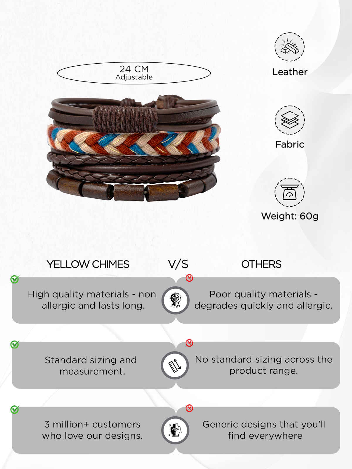 Yellow Chimes PU Leather Brown Wrap Bracelet Set for Men