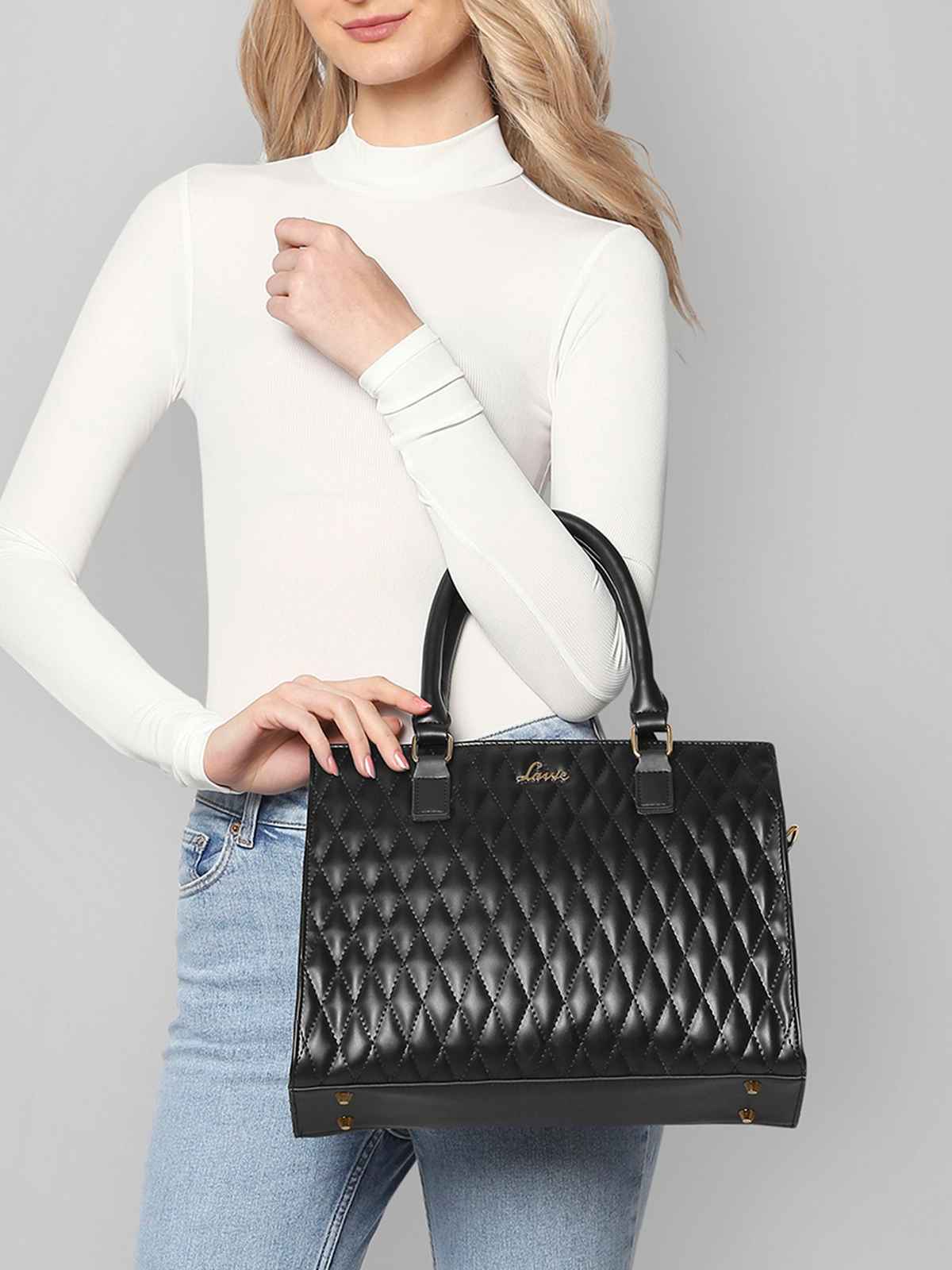 Lavie Womens Stitch Shelly Large Satchel Handbag Black