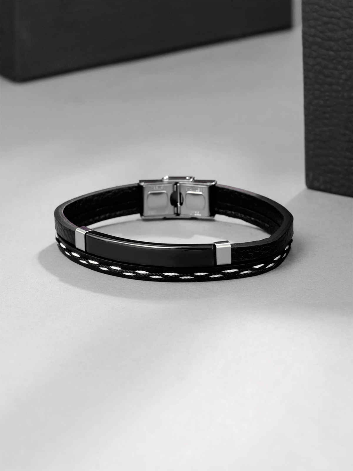 Yellow Chimes Black Leather Adjustable Anchor Wrist Band for Men