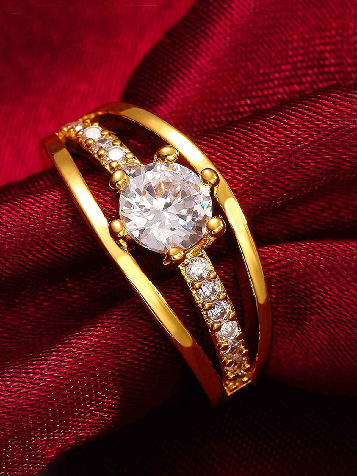 Yellow Chimes Gold Toned Cubic Zirconia Single Stone Crystal Ring