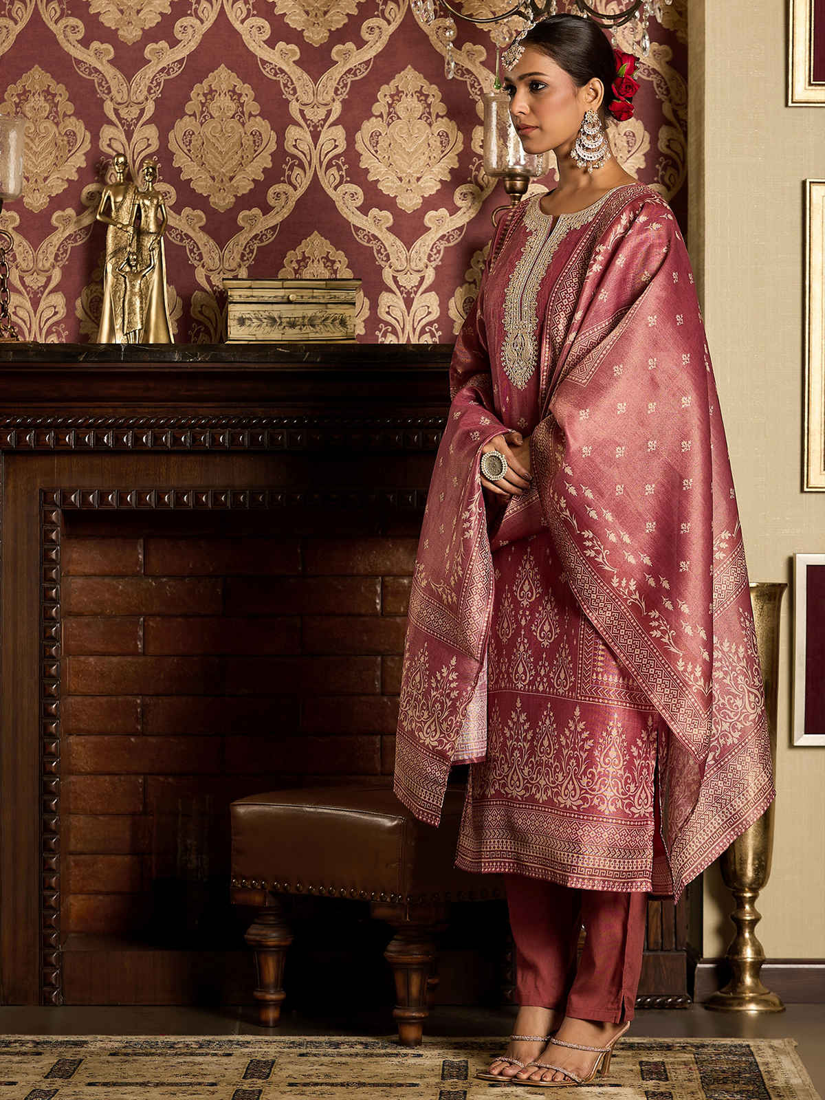 INDO ERA Women's Straight Kurta Pant with Dupatta Set | Pink | L