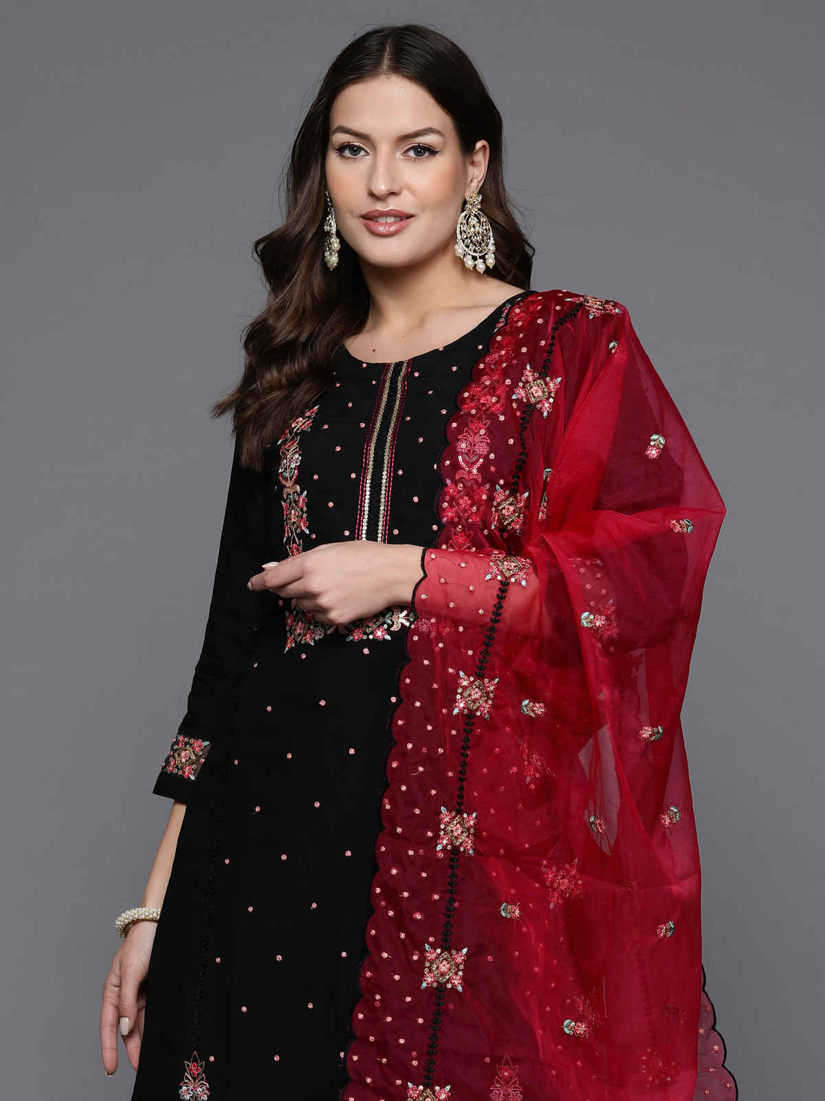 INDO ERA Women's Straight Kurta Pant with Dupatta set | Black | 2XL