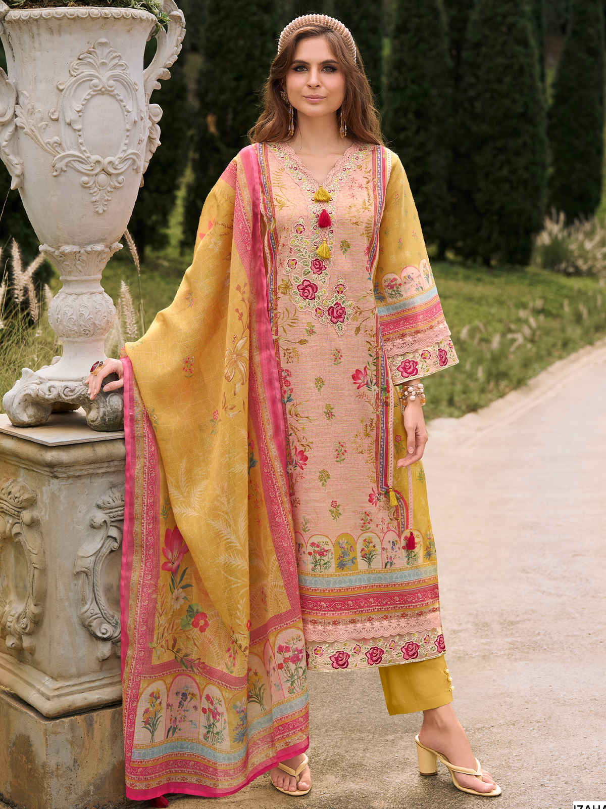 Indo Era Women's Linen Floral Printed Kurta & Pant With Dupatta Set | Mustard - L