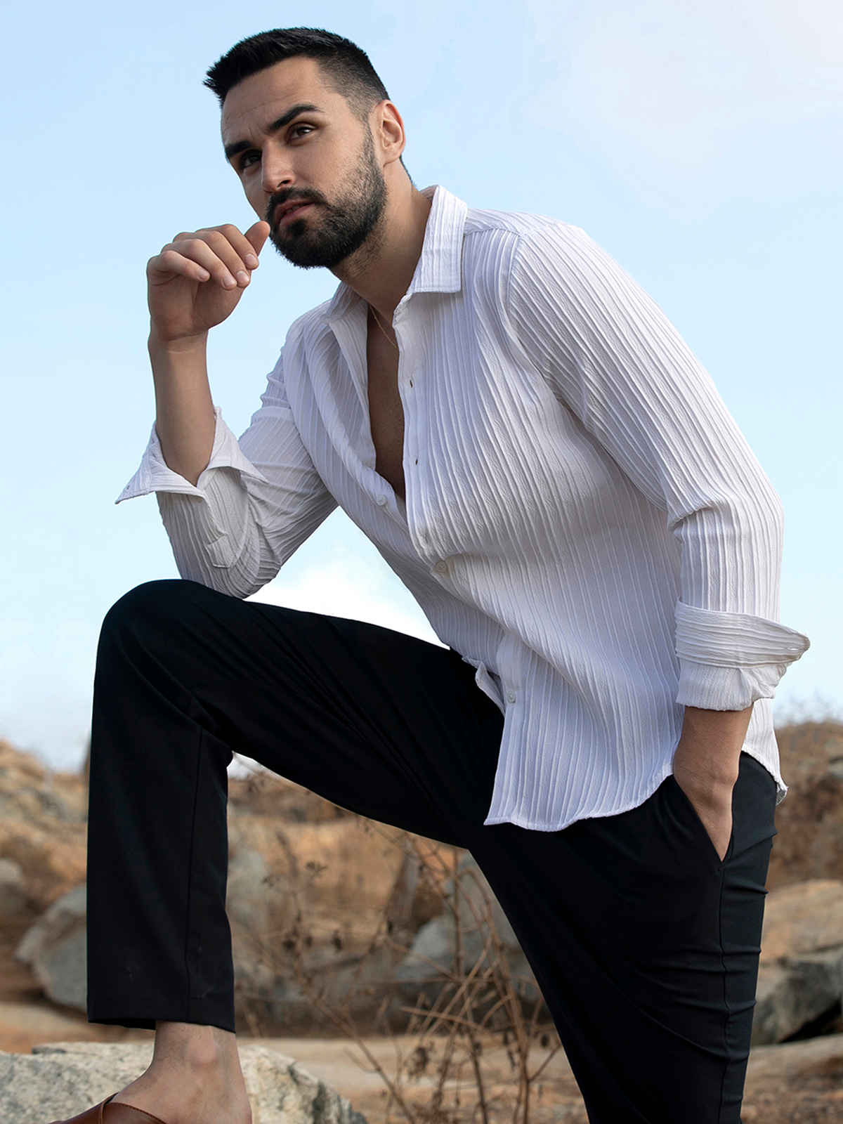 Campus Sutra Men's Self - Design Striped Shirt | White - L