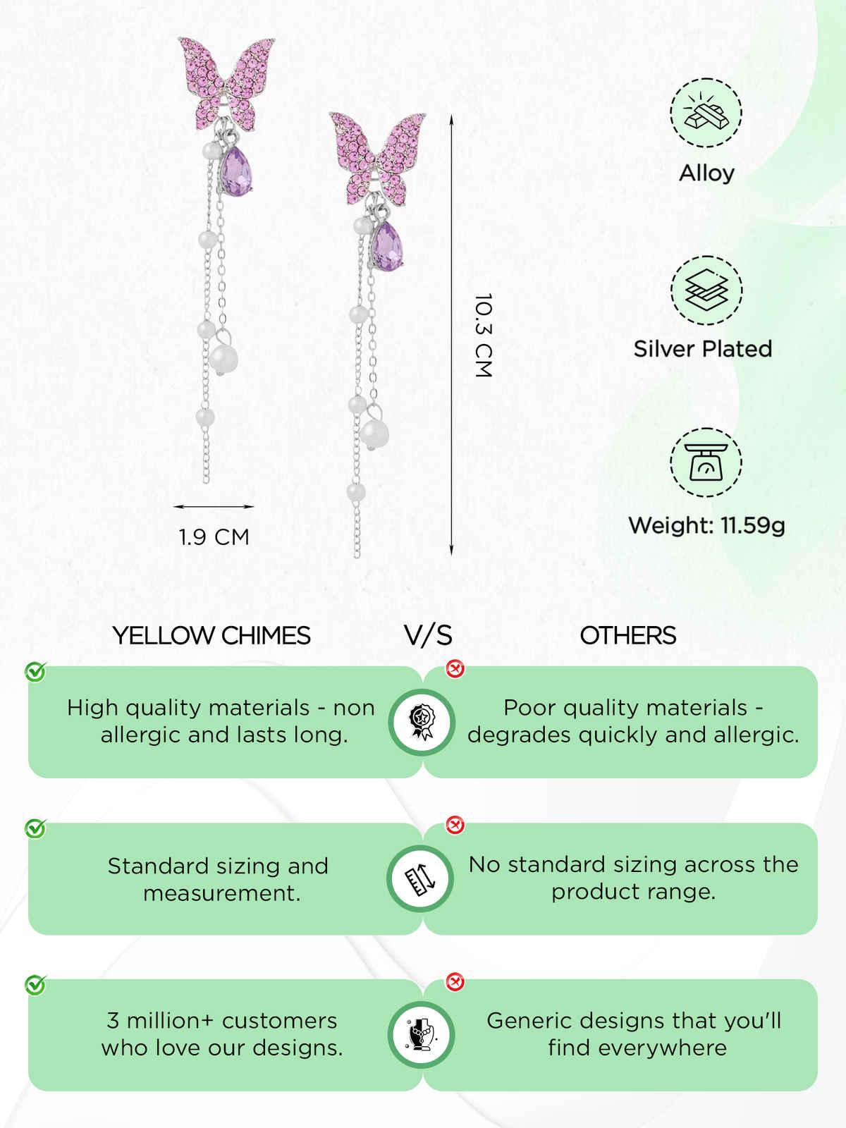 Yellow Chimes Crystal Danglers Earrings | Purple