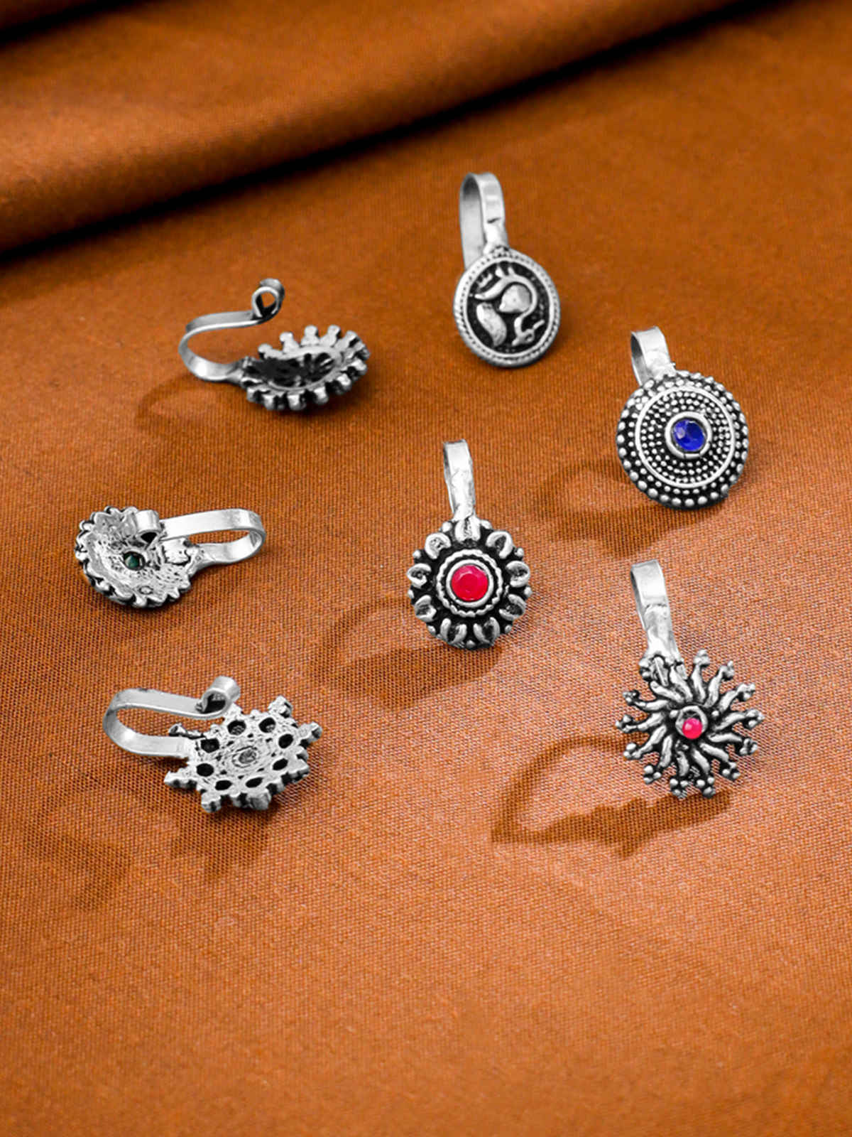 Yellow Chimes Traditional Silver Oxidised Nose Pin Set for Women