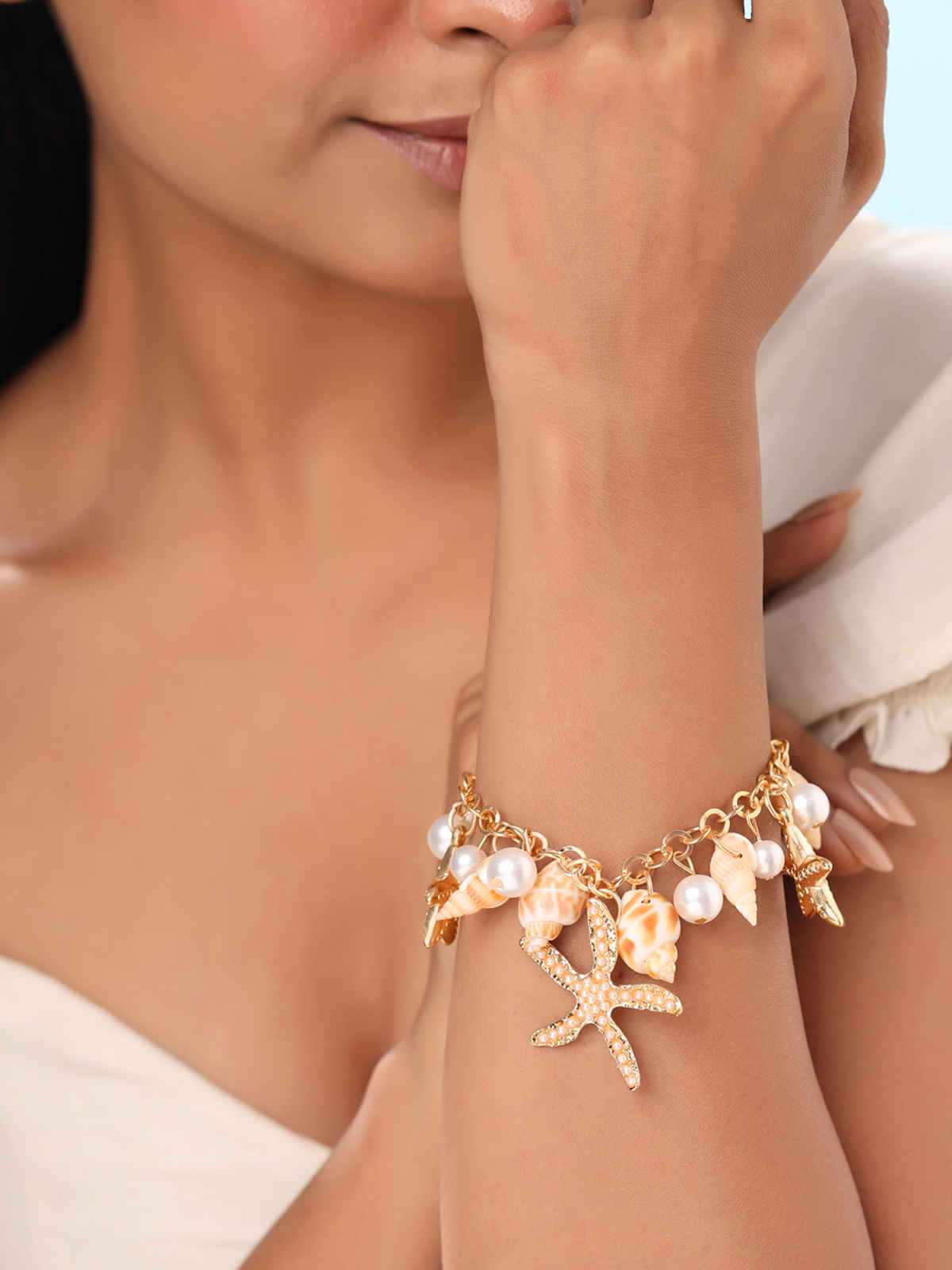 Yellow Chimes Women Gold-Toned Sea Shell Starfish & Pearls Hanging Charm Bracelet