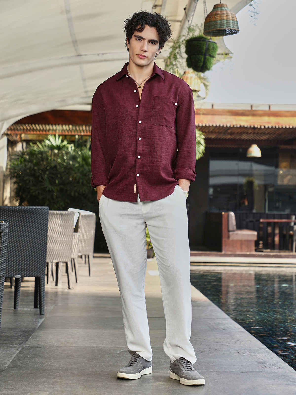 Campus Sutra Men's Modular Solid Oversized Shirt | Wine Red - S