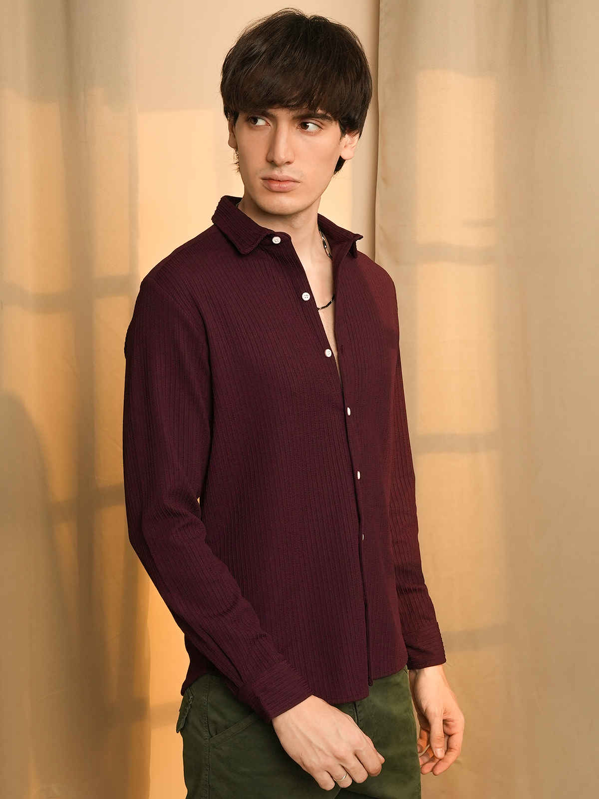 Campus Sutra Men's Stripe-Creased Shirt | Maroon Red - S