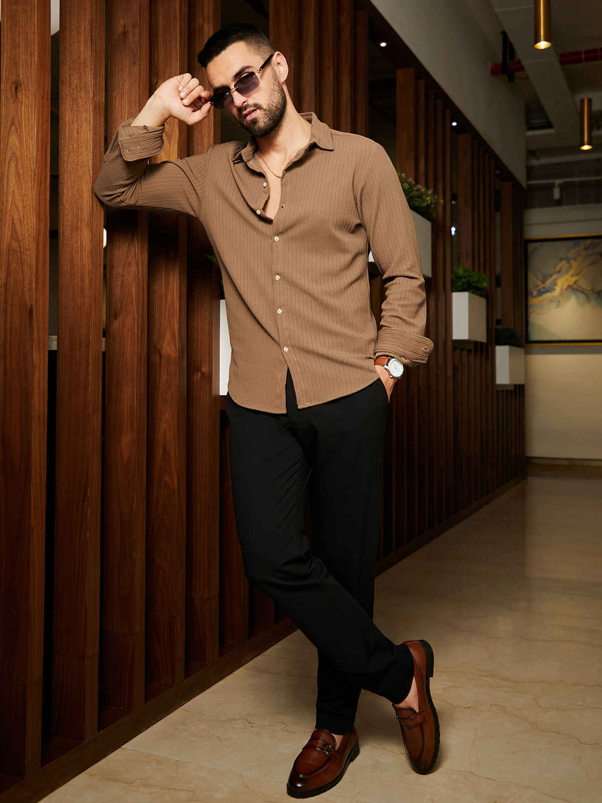 Campus Sutra Men's Polyester Stripe-Creased Shirt | Brown | L