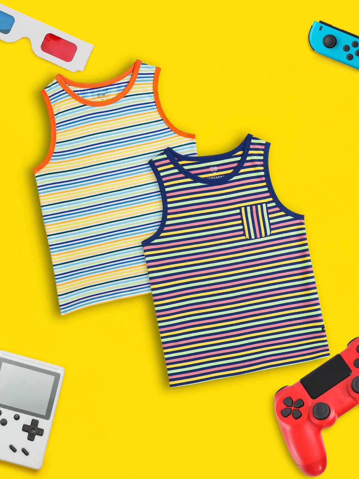 XY Life Kids Outer Vest for Boys, Antimicrobial Finish - Multi Stripes | 11-12Y | Pack Of 2