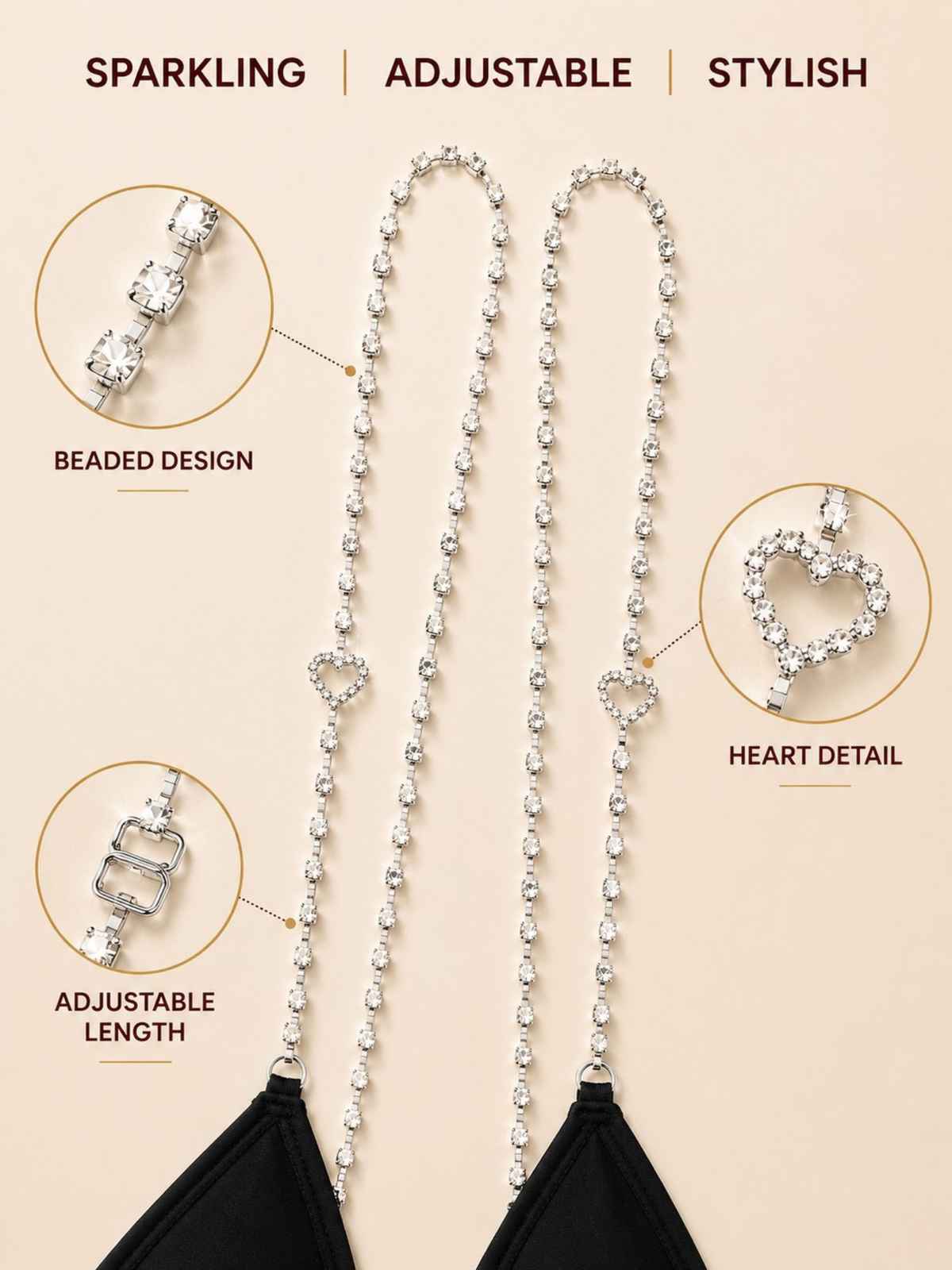 Secrets By ZeroKaata Women's Fashion Bra Strap Set | Glitter Heart & Transparent | Free Size