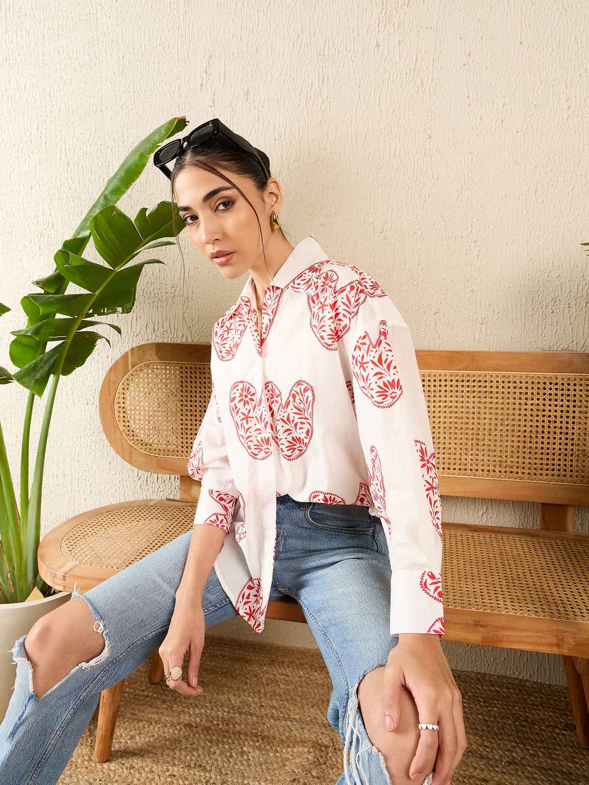 Uptownie Women's Printed Asymmetrical Cotton Shirt | White - L
