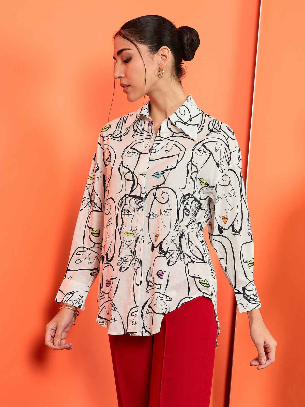 Uptownie Women's Printed Asymmetrical Cotton Shirt | White - L