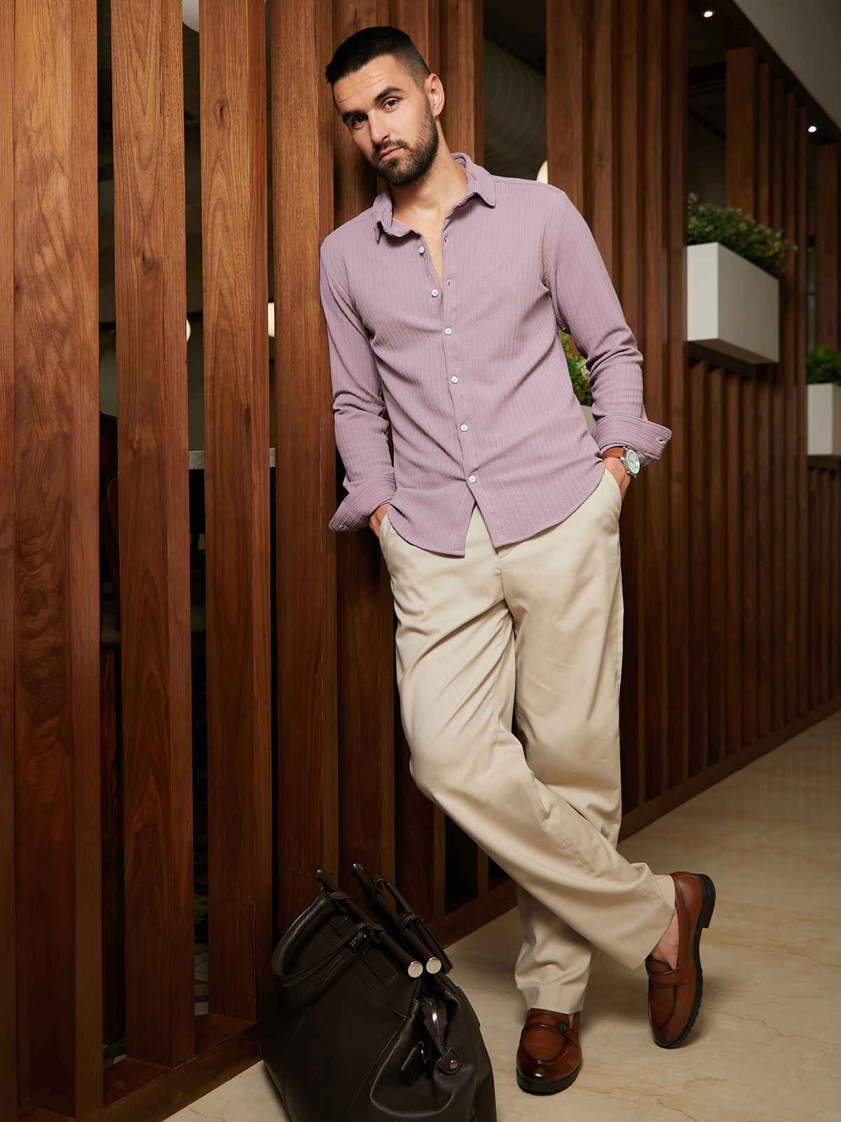 Campus Sutra Men's Stripe-Creased Shirt | Lavender - S