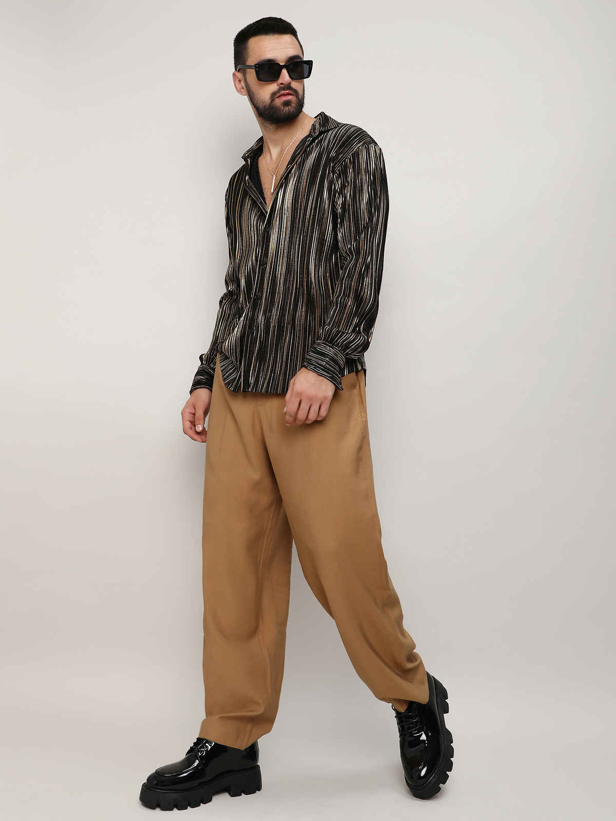 Campus Sutra Men's Pleat - Creased Shirt | Jet Black & Metallic Gold - S